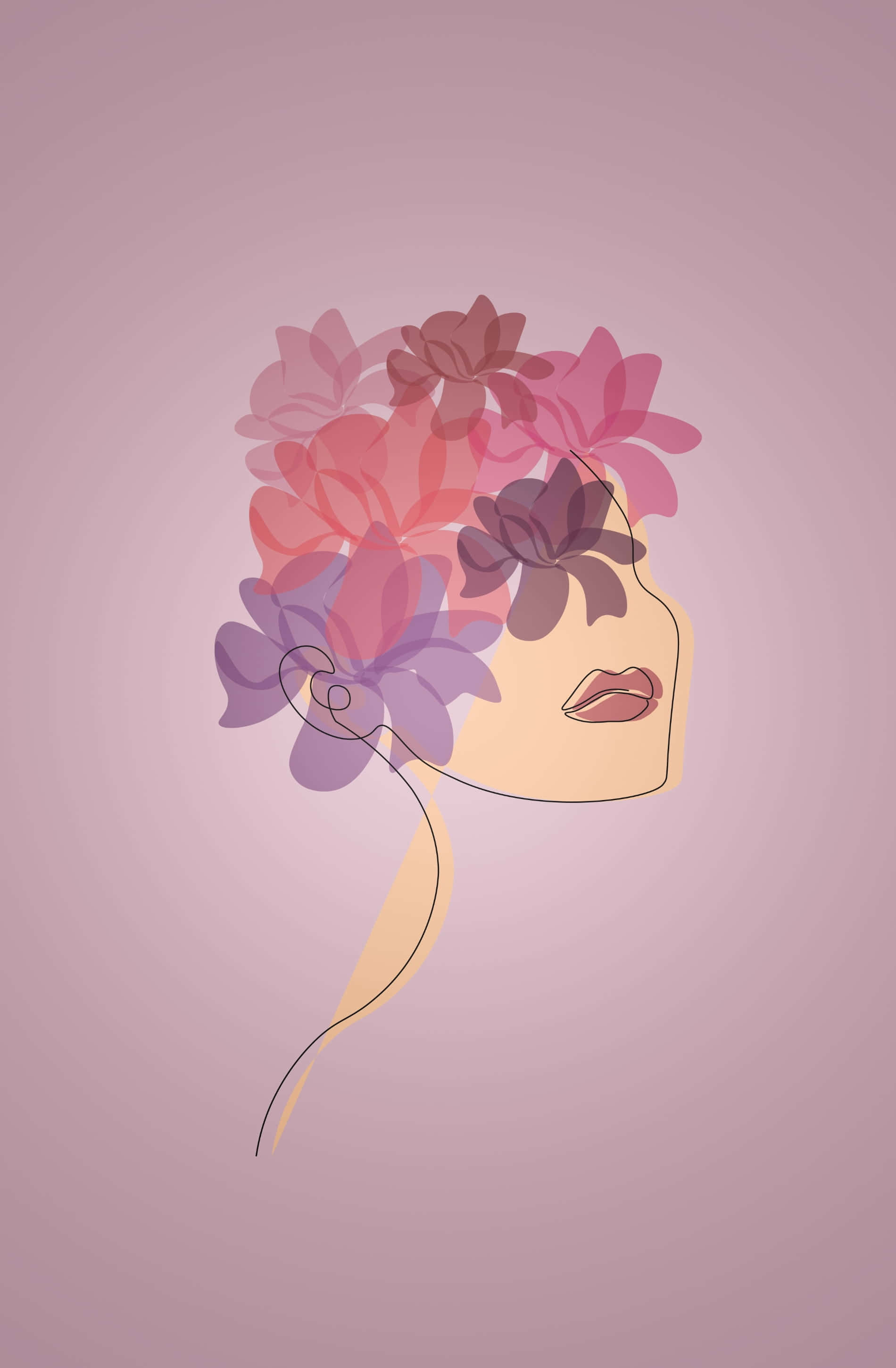 Kawaii Flower 桌布 壁紙 — 一幅極簡線條藝術插圖，描繪一位女性的側面輪廓，其頭髮由鮮豔的粉紅色和紫色花朵構成，背景為柔和的薰衣草色。
