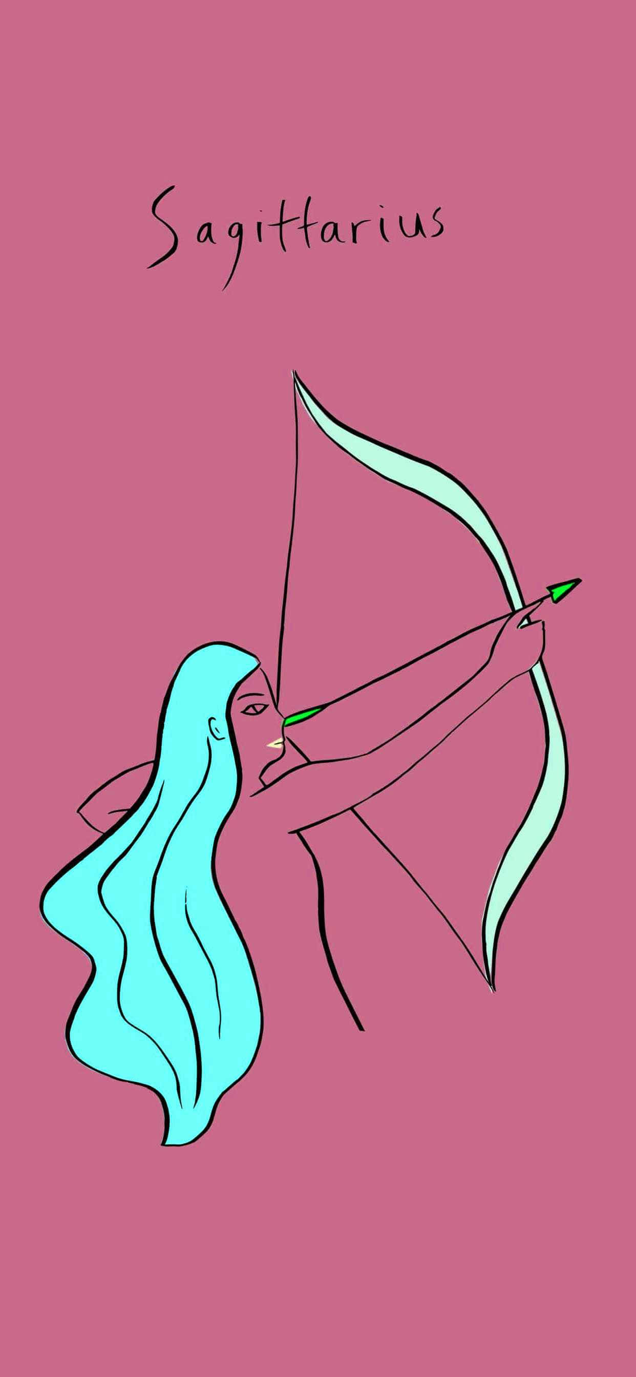 人馬座 桌布 壁紙 — 一幅極簡線條藝術插圖，描繪一位綠松石色頭髮的弓箭手拉弓，背景為純粉紅色，上方寫有「Sagittarius」。