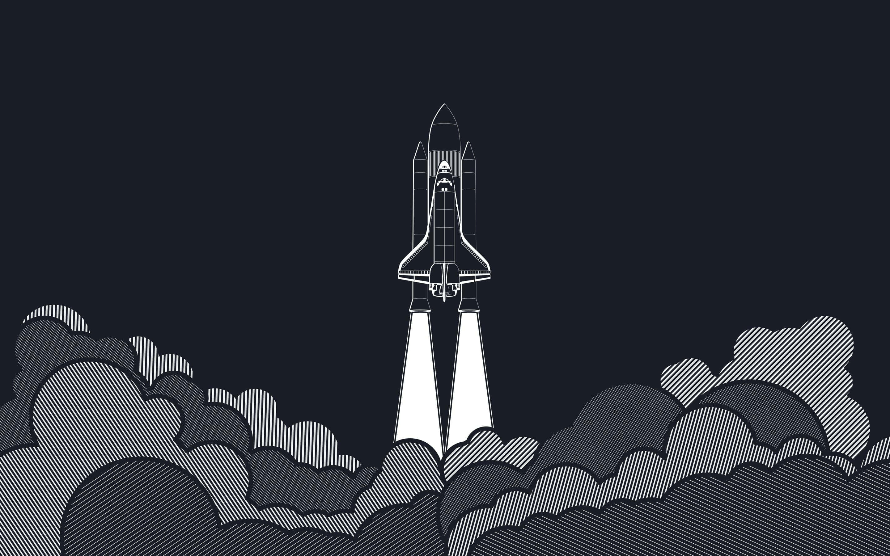 Minimalist Space 桌布 壁紙 — 一幅極簡線條藝術插圖，描繪太空穿梭機在黑暗背景中穿過雲層發射升空。