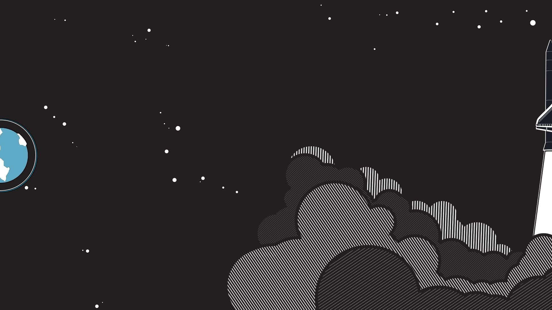 Minimalist Space 桌布 壁紙 — 一幅極簡線條藝術插圖，描繪火箭發射至繁星點點的太空，遠處可見地球。