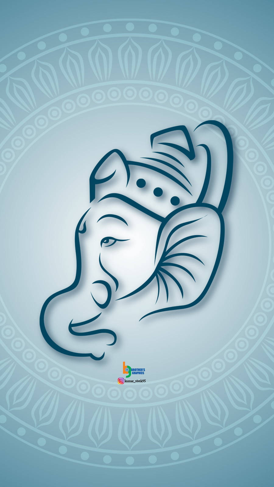 ganesh iPhone 桌布 壁紙 — 一幅極簡線條藝術插圖，描繪象神迦尼薩的寧靜面容，置於圓形曼陀羅圖案中央，背景為柔和藍色漸變。