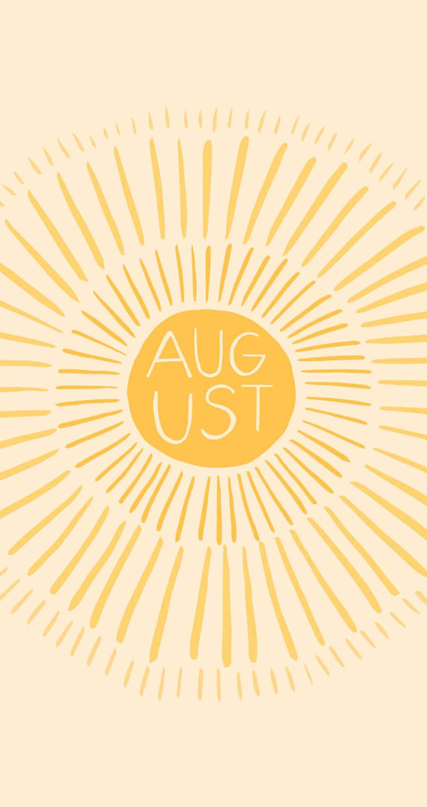 August 桌布 壁紙 — 一幅極簡風格的太陽光線插圖，AUGUST 字樣位於溫暖黃色圓圈中央，背景為柔和奶油色。