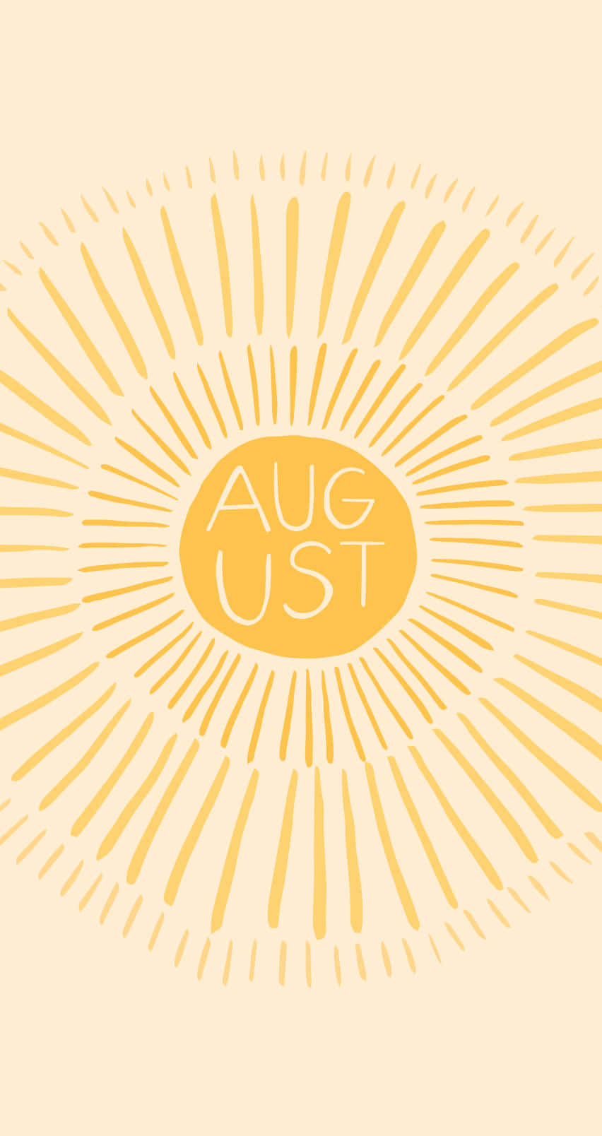 August 桌布 壁紙 — 一幅極簡風格的太陽光線插圖，AUGUST 字樣置中於溫暖的黃色圓圈內，背景為柔和奶油色。