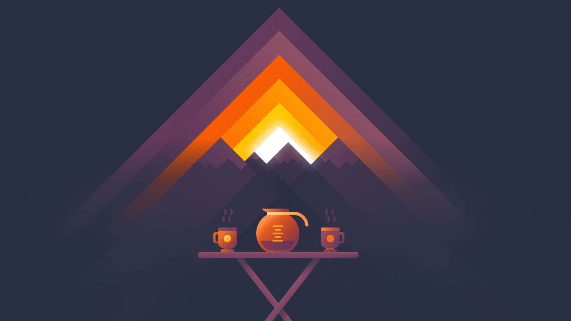 Minimalist Sunset 桌布 壁紙 — 一幅極簡風格的數位插畫，描繪山間日落，桌上放著一個水壺和兩個冒著熱氣的馬克杯。