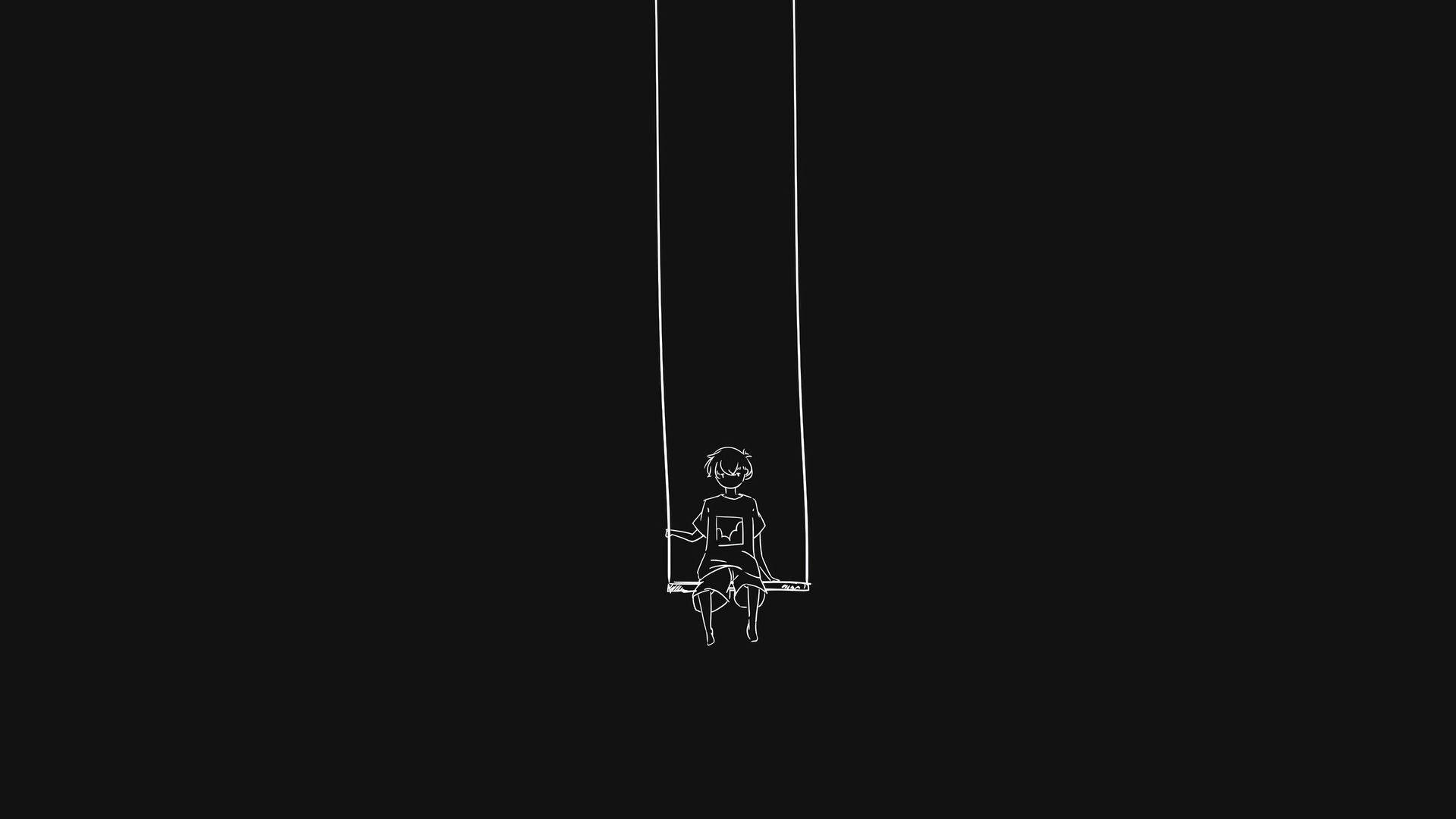 Alone Boy 桌布 壁紙 — 一幅極簡風格的白線條畫，描繪一個人獨自坐在鞦韆上，背景為純黑色。