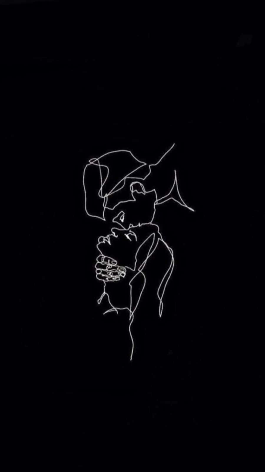 Black Couple 桌布 壁紙 — 一幅極簡風格的白色線條畫，描繪一個人在純黑背景上手持花朵。