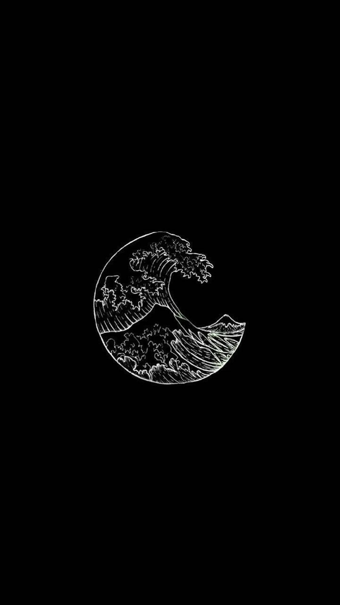 波浪 桌布 壁紙 — 一幅極簡風格的白色線條畫，描繪神奈川沖浪裏，在純黑背景上形成新月形狀。