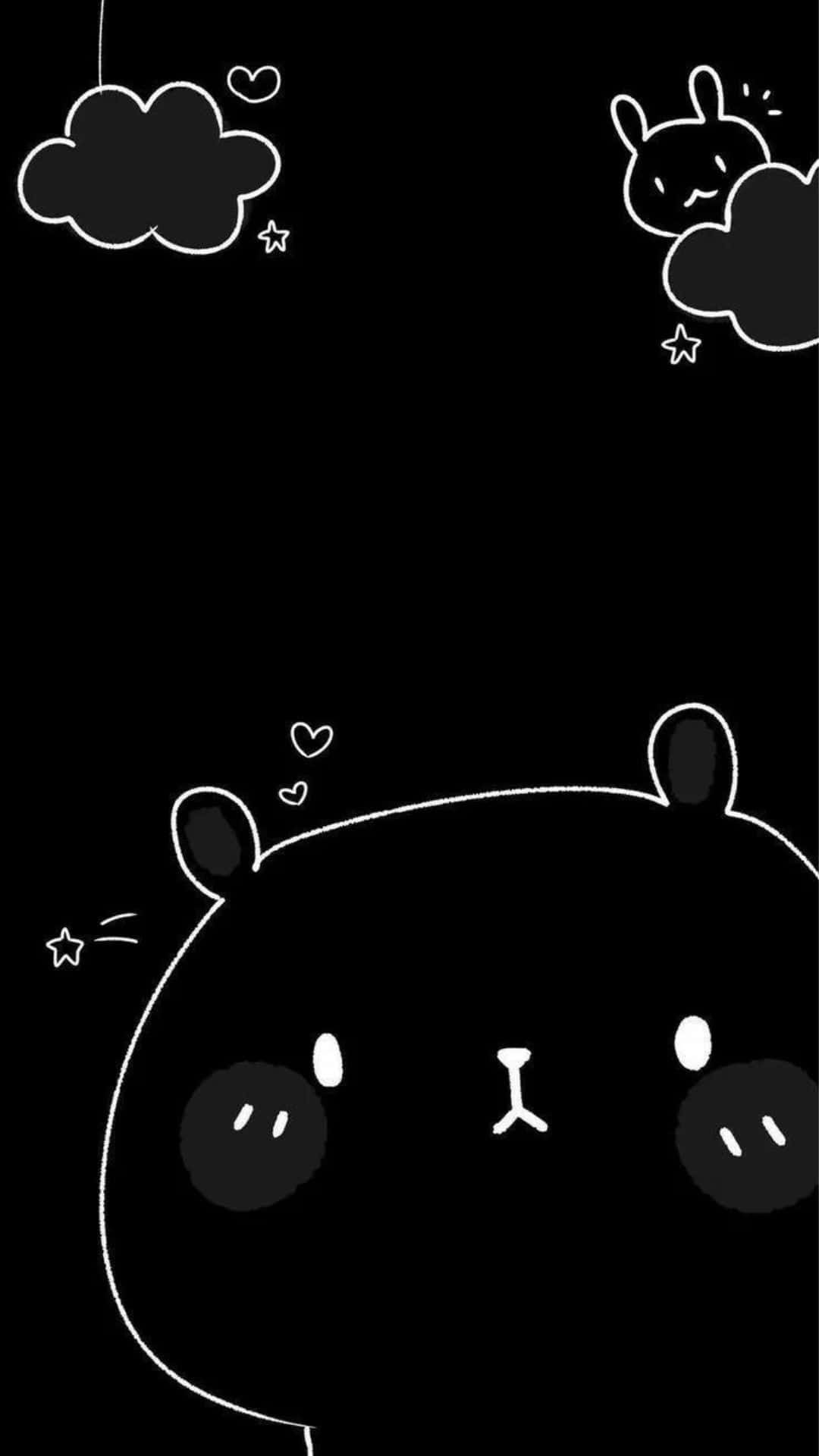 Kawaii Art 桌布 壁紙 — 一幅極簡黑白插圖，描繪一隻可愛的熊和兔子從雲朵中探出頭來，周圍有愛心和星星。