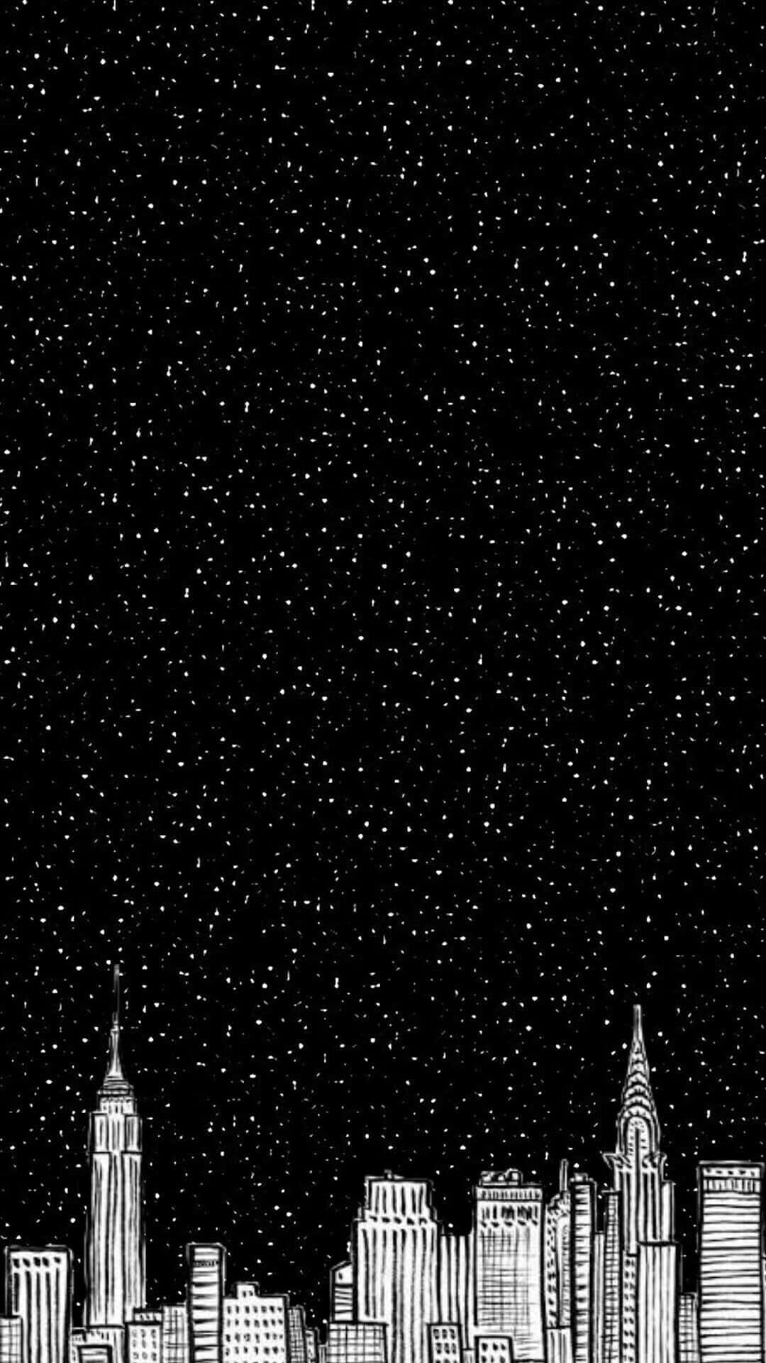 Black And White Star 桌布 壁紙 — 一幅極簡黑白線條畫，描繪星空下的城市天際線。