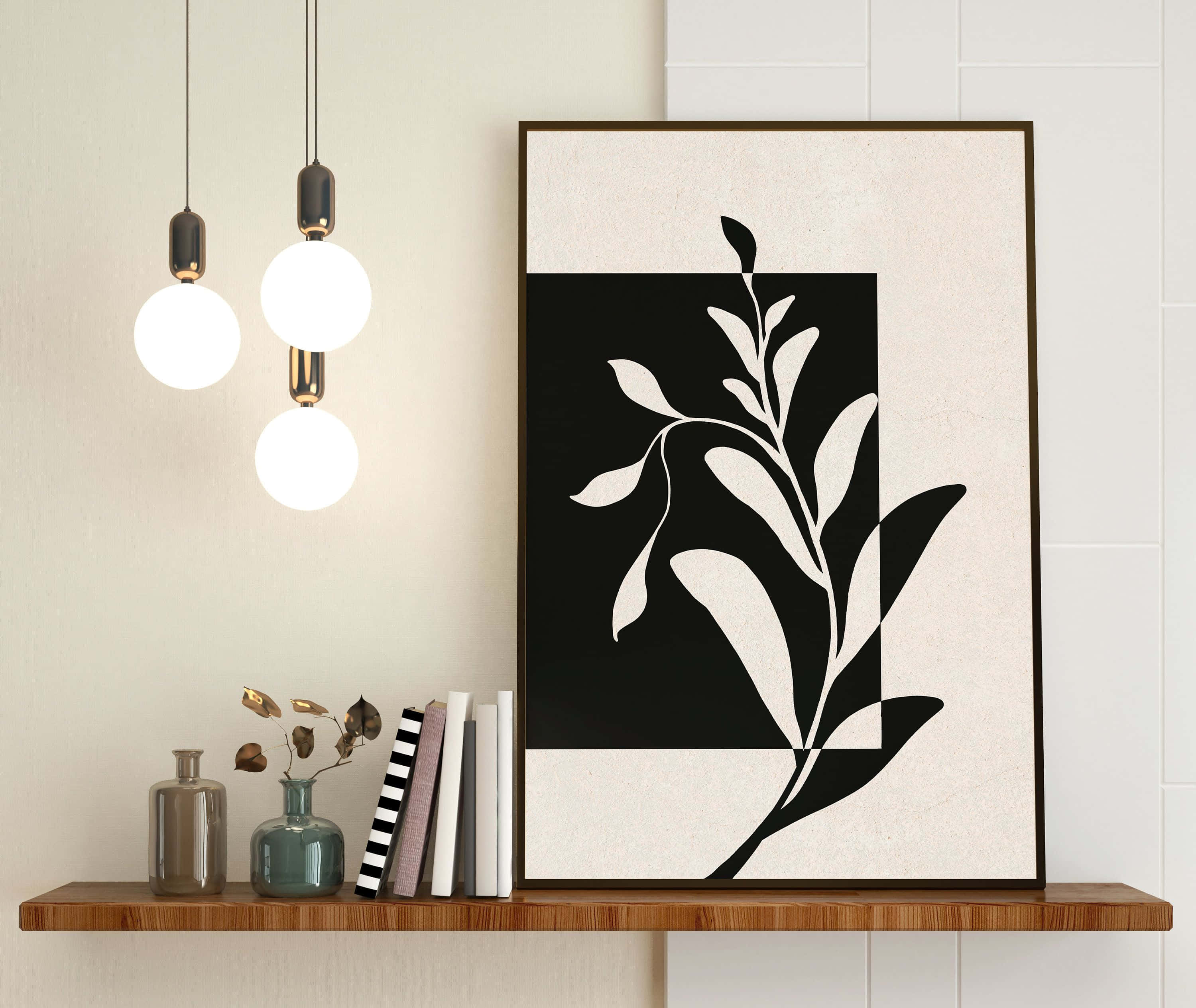 Modern Minimalist Art 桌布 壁紙 — 一幅極簡黑白風格植物印刷品，描繪了風格化的樹枝，掛在一個有書本和吊燈的木架上方牆上。