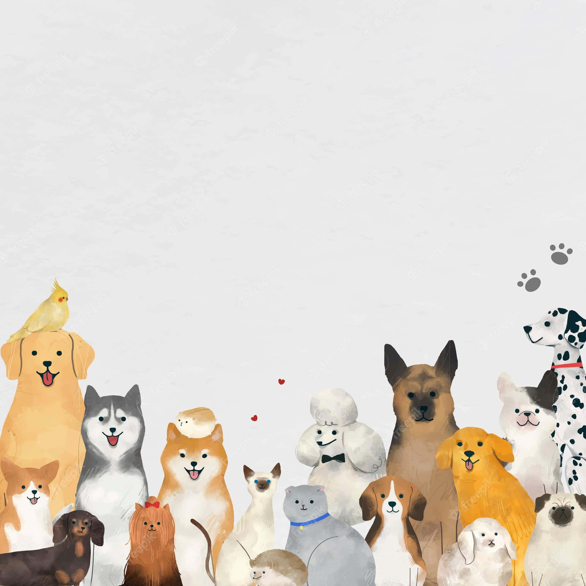 cute dogs 桌布 壁紙 — 一幅歡快的水彩插圖，描繪了各種狗和貓聚集在一起，一隻小鳥棲息在一隻狗的頭上。