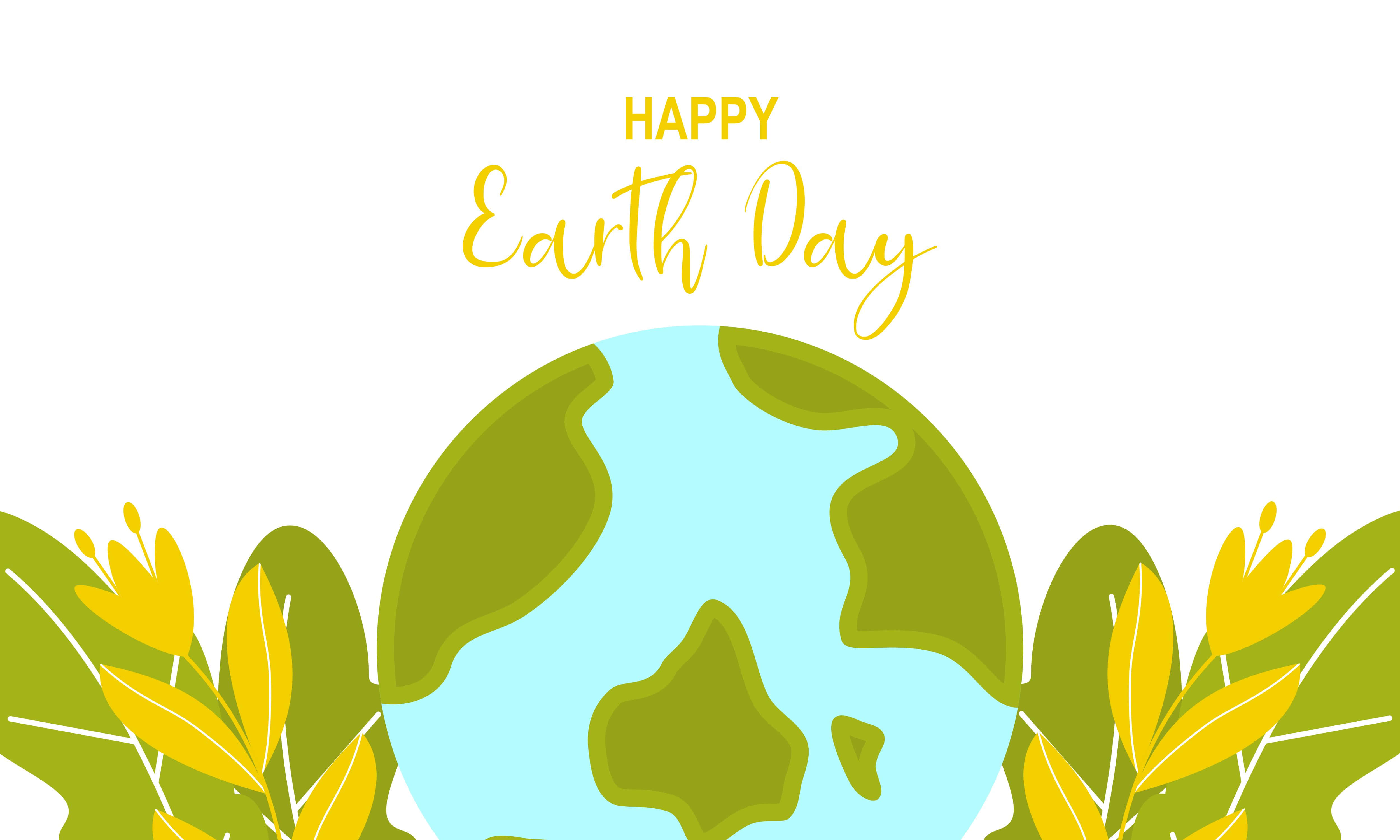 Earth Day 桌布 壁紙 — 一幅歡樂的地球日插圖，展示一個風格化的地球儀，周圍環繞著綠葉和黃花，上方有金色文字。