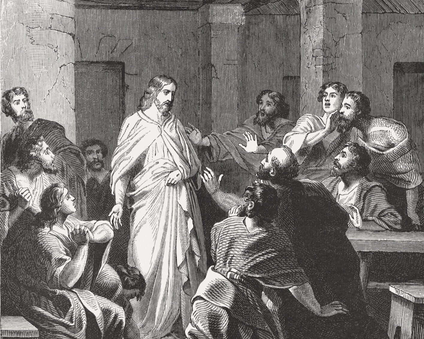 Jesus Disciples 桌布 壁紙 — 一幅歷史雕刻描繪一位身穿長袍的中心人物在簡樸的石牆房間裡教導一群人。
