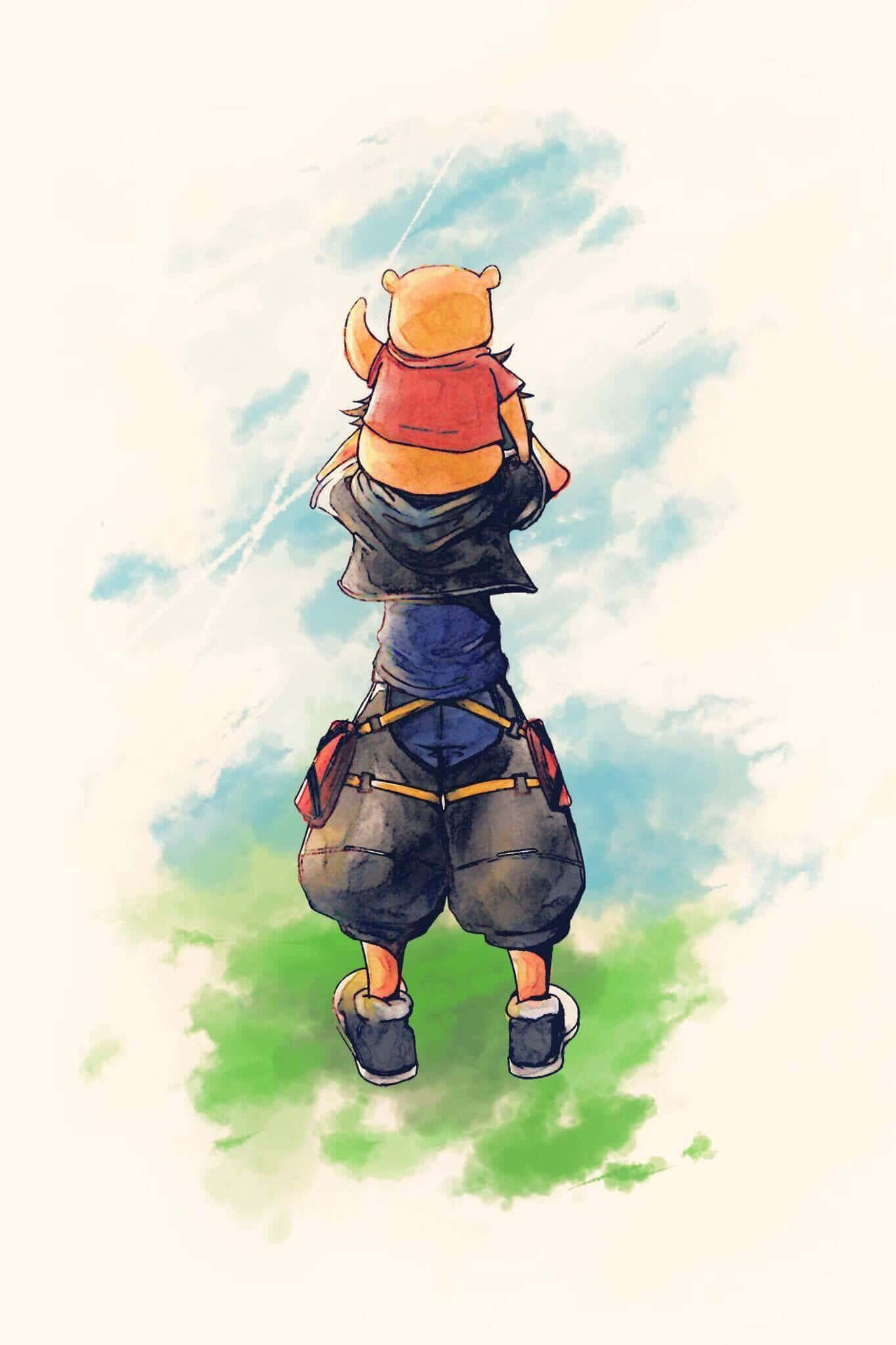 Kingdom Hearts 桌布 壁紙 — 一幅水彩插圖，描繪一個人在柔和的天空和草地背景下，將小熊維尼扛在肩上。