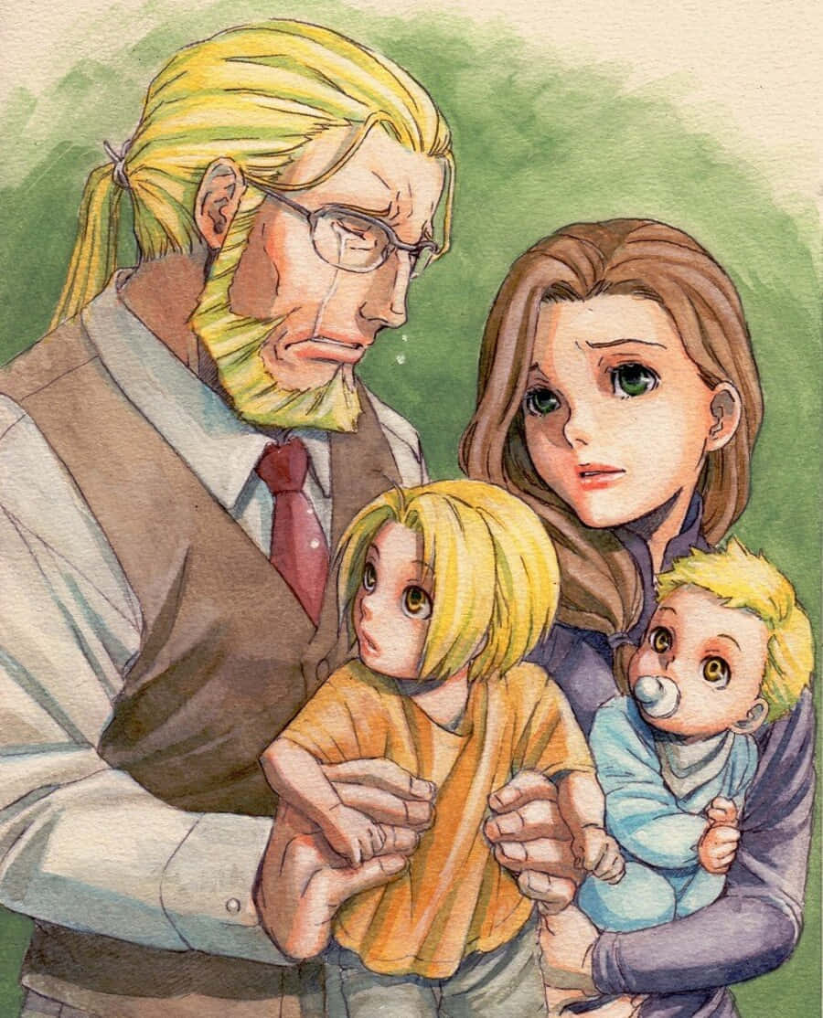 Van Hohenheim 桌布 壁紙 — 一幅水彩插圖，描繪一個四口之家，金髮，表情憂慮，背景為柔和的綠色。
