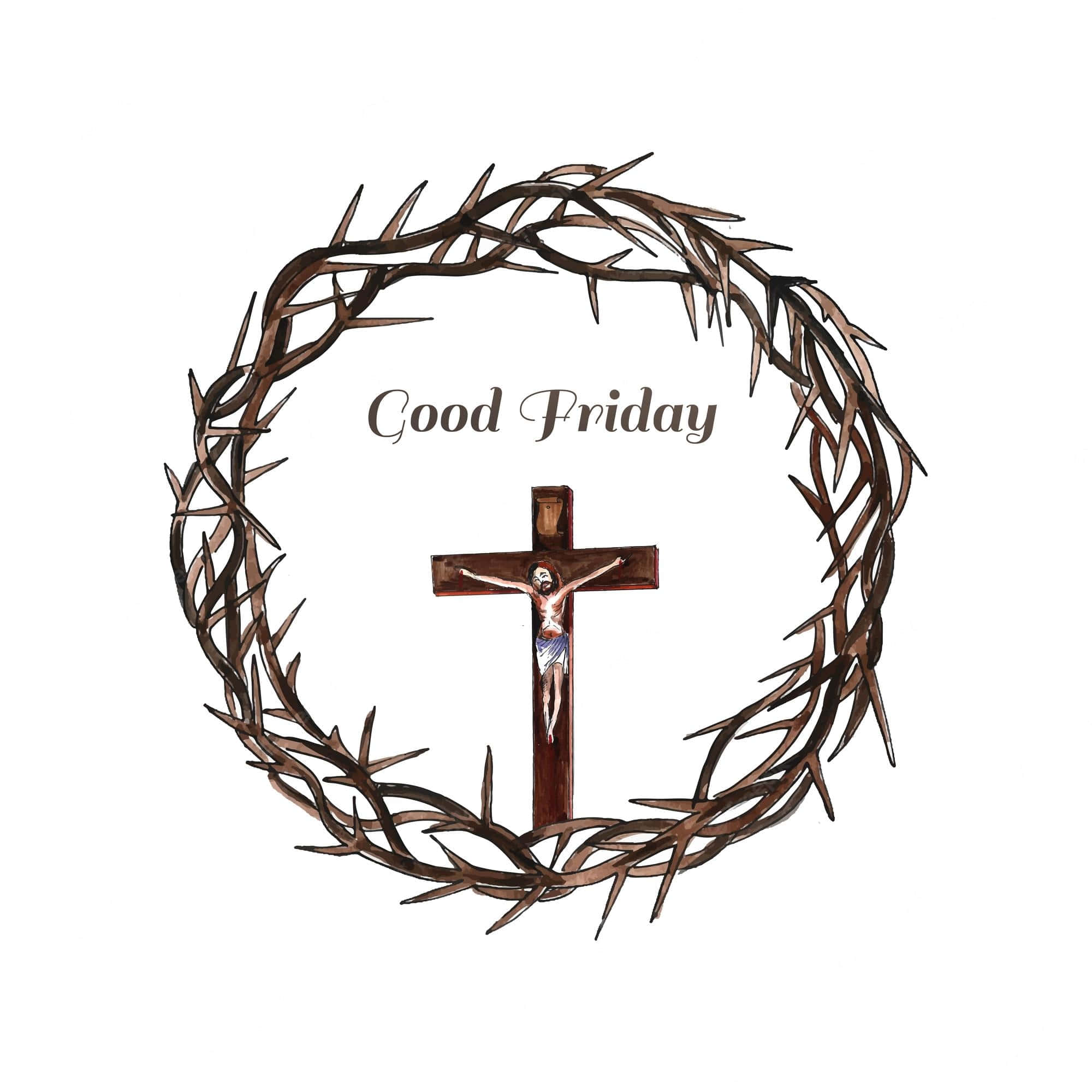 Jesus Crown Of Thorns 桌布 壁紙 — 一幅水彩插圖，描繪一個木製十字架，耶穌被釘在上面，被荊棘冠冕環繞，並帶有「Good Friday」文字。