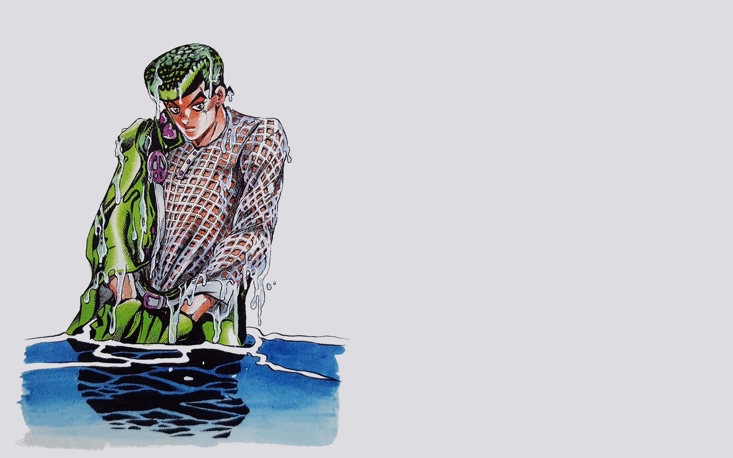 Josuke Higashikata 桌布 壁紙 — 一幅水彩插圖，描繪一個綠色頭髮的動漫角色站在有反射表面的藍色水中。
