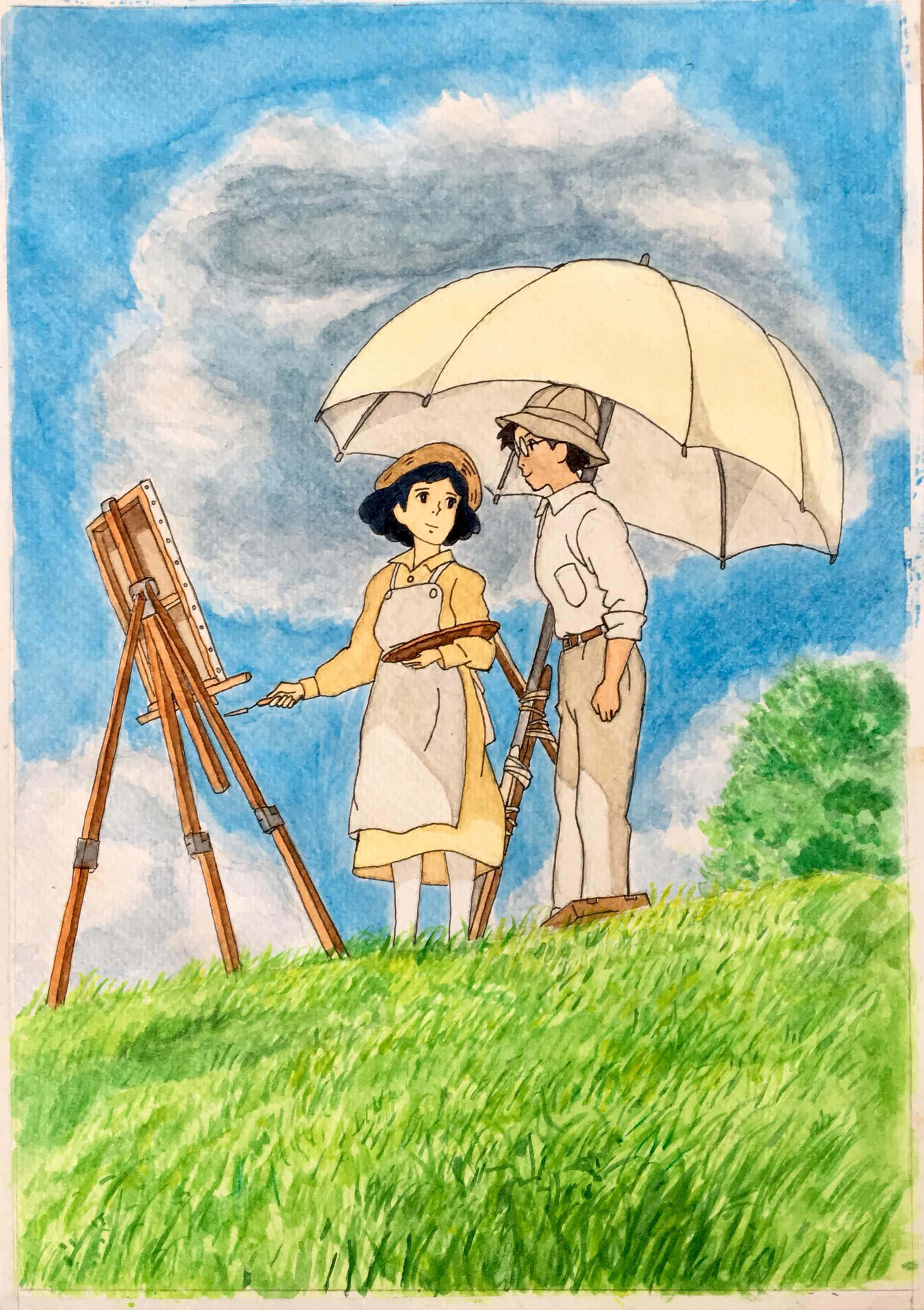 The Wind Rises 桌布 壁紙 — 一幅水彩插圖，描繪兩個人在長滿草的山丘上，站在一個奶油色的雨傘下，一個人在畫架上繪畫，另一個人站在旁邊。