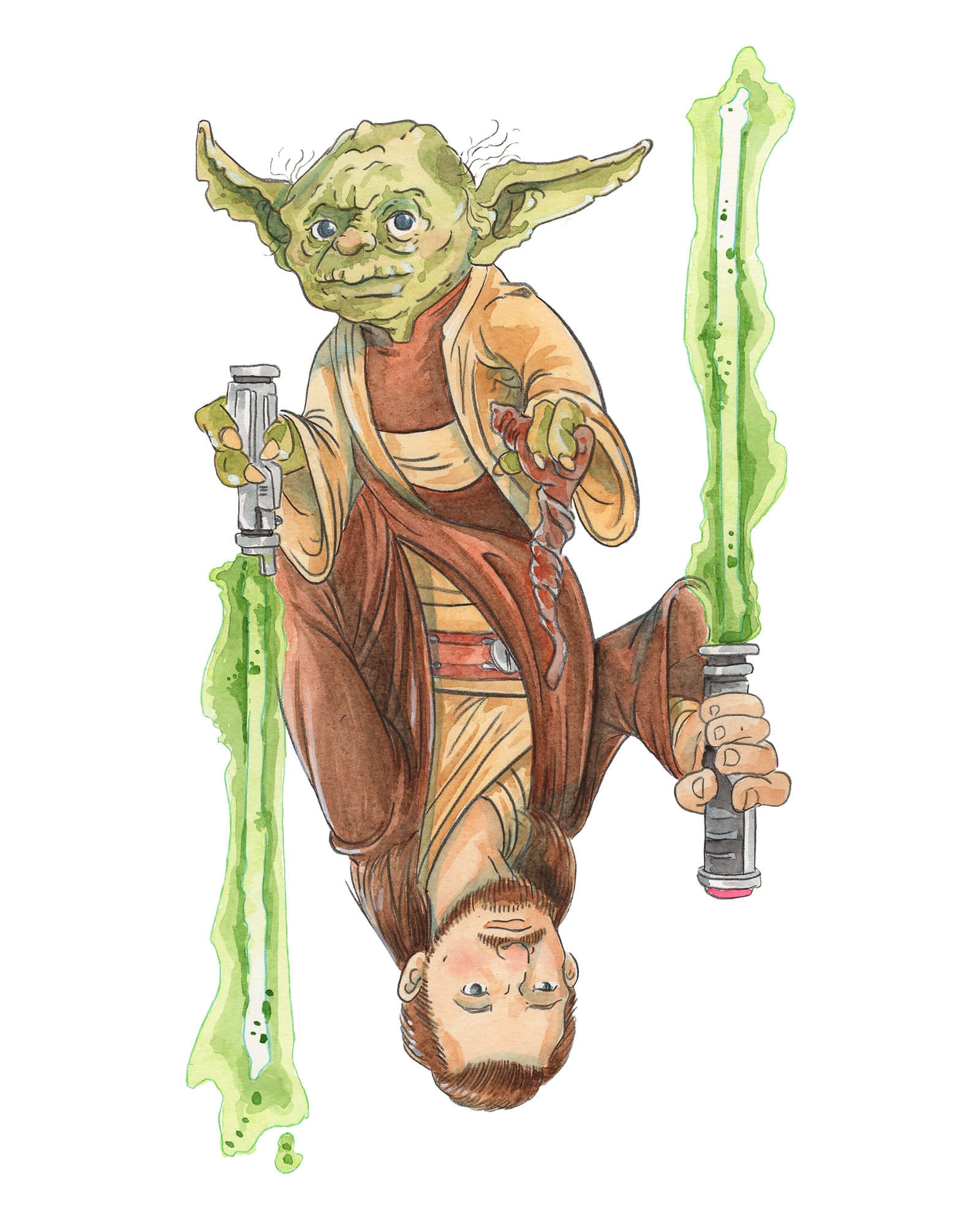 Qui-gon Jinn 桌布 壁紙 — 一幅水彩插圖，描繪尤達手持兩把綠色光劍，下方有一個倒轉的男人頭部。