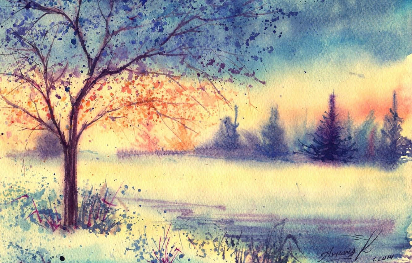 Winter Painting 桌布 壁紙 — 一幅水彩畫，描繪一棵孤樹帶着秋葉，映襯着霧氣瀰漫的湖面上方 vibrant 的日落天空。