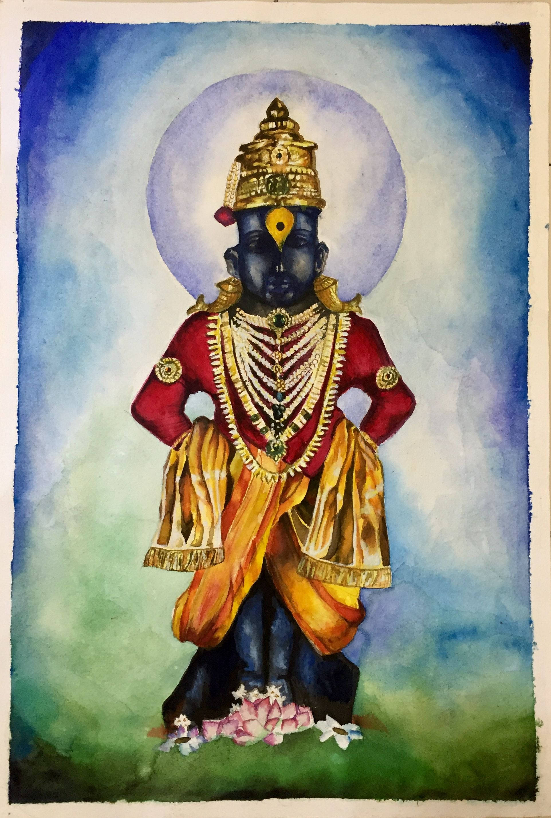 Hindu Temple 桌布 壁紙 — 一幅水彩畫描繪一位藍皮膚的神祇，身穿華麗的紅色和金色服飾，站在光芒四射的光環前。