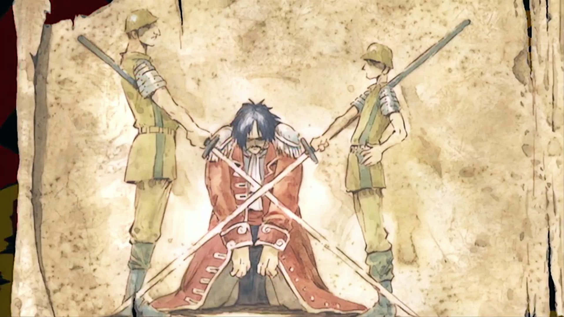 King Of The Pirates 桌布 壁紙 — 一幅水彩風格插圖展示一個穿著紅色外套、跪著的男人，被兩個持劍士兵包圍，背景是復古羊皮紙。