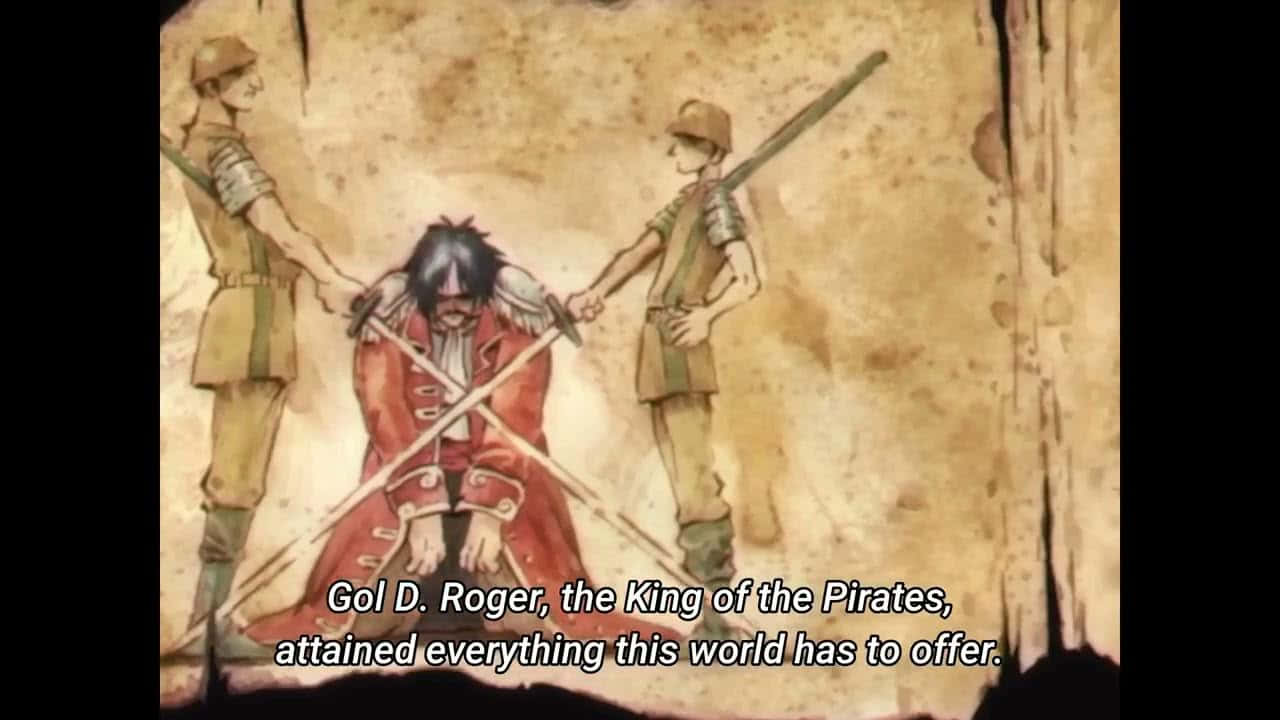 King Of The Pirates 桌布 壁紙 — 一幅水彩風格插圖描繪了哥爾·D·羅傑跪在兩名持劍士兵之間，背景是陳舊的羊皮紙。