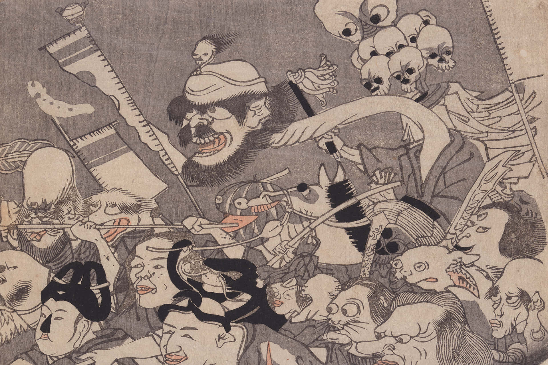 Japanese 桌布 壁紙 — 一幅混亂的日本木版畫描繪了怪誕的惡魔和戰士們以誇張的表情和動態姿勢進行瘋狂的戰鬥。