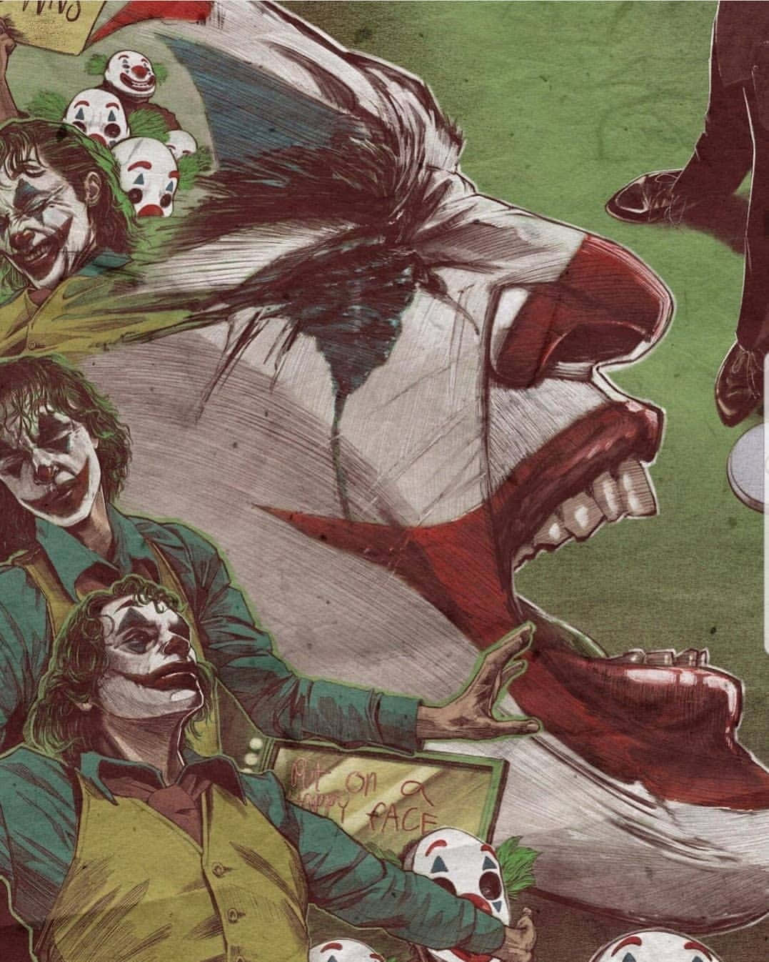 Joker Laughing 桌布 壁紙 — 一幅混亂的漫畫插圖，描繪了多個小丑角色，帶著誇張的笑容和小丑面具，處於粗糙的綠色場景中。