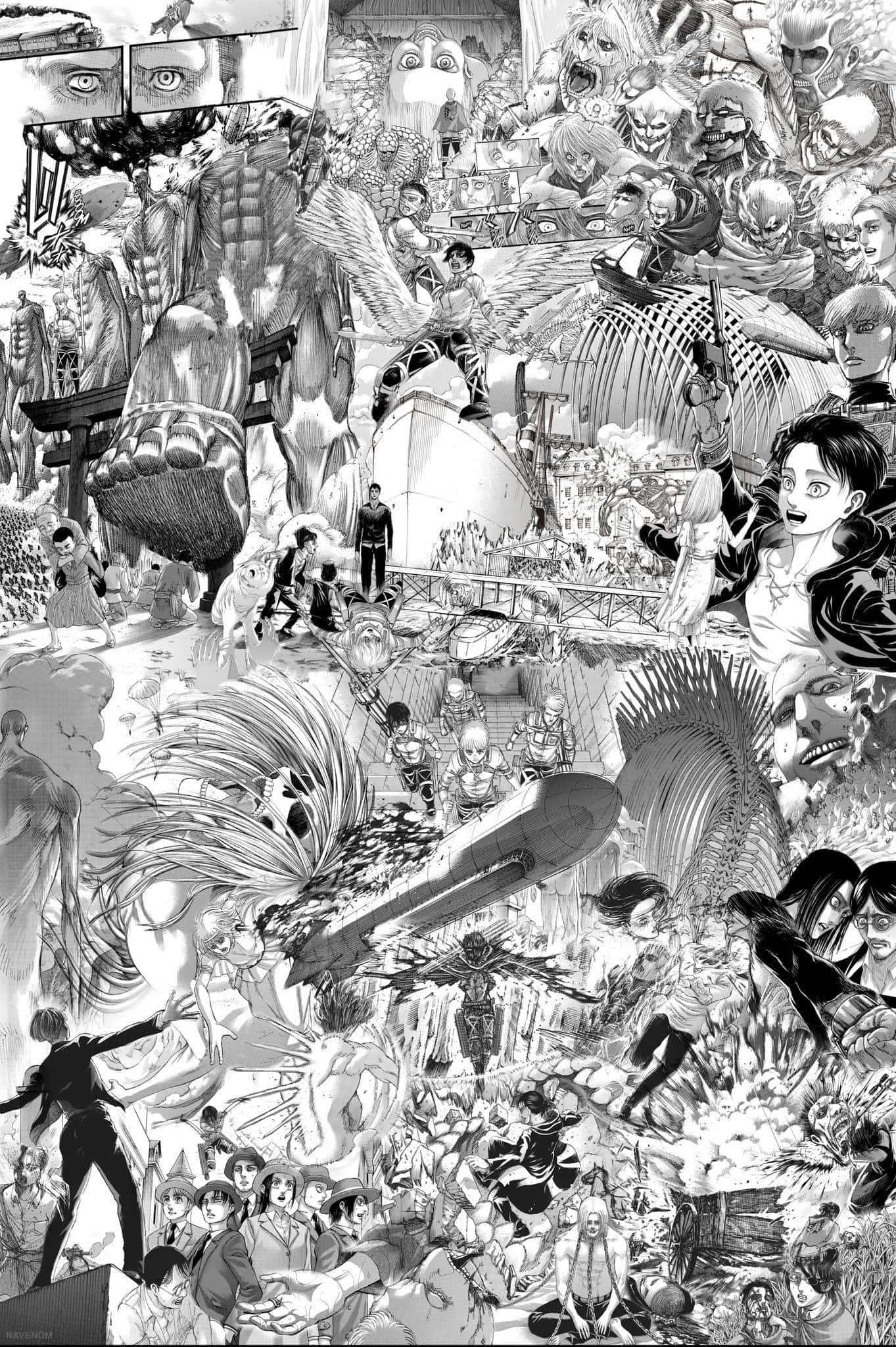 Manga Series 桌布 壁紙 — 一幅混亂的黑白漫畫拼貼畫，描繪了巨大的類人巨人、士兵和平民在密集的動作場景中。