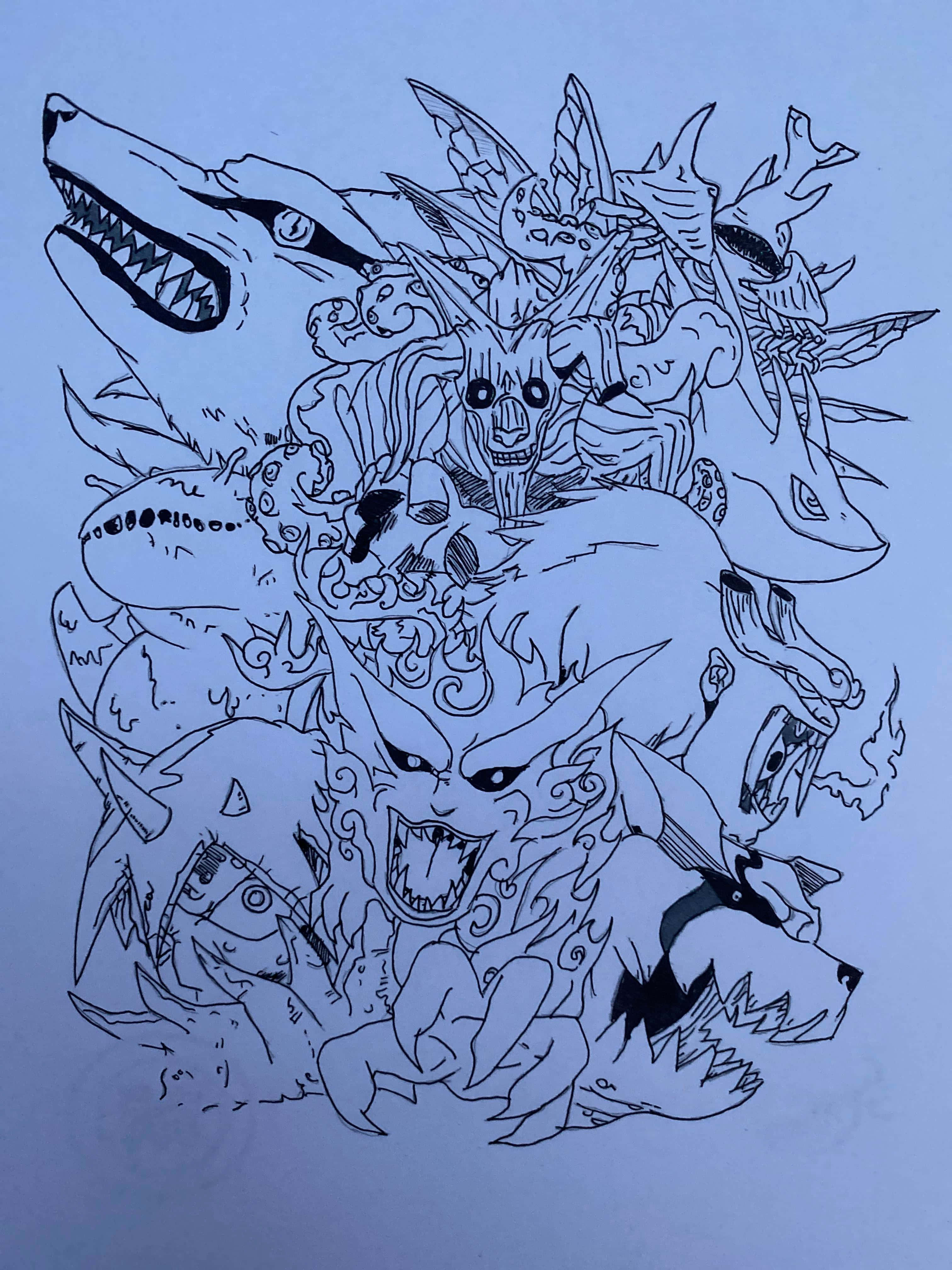 Tailed Beasts 桌布 壁紙 — 一幅混亂的黑色墨水線條畫，描繪了在淡藍色背景上，擁有尖牙和飄逸頭髮的怪獸級動漫生物。