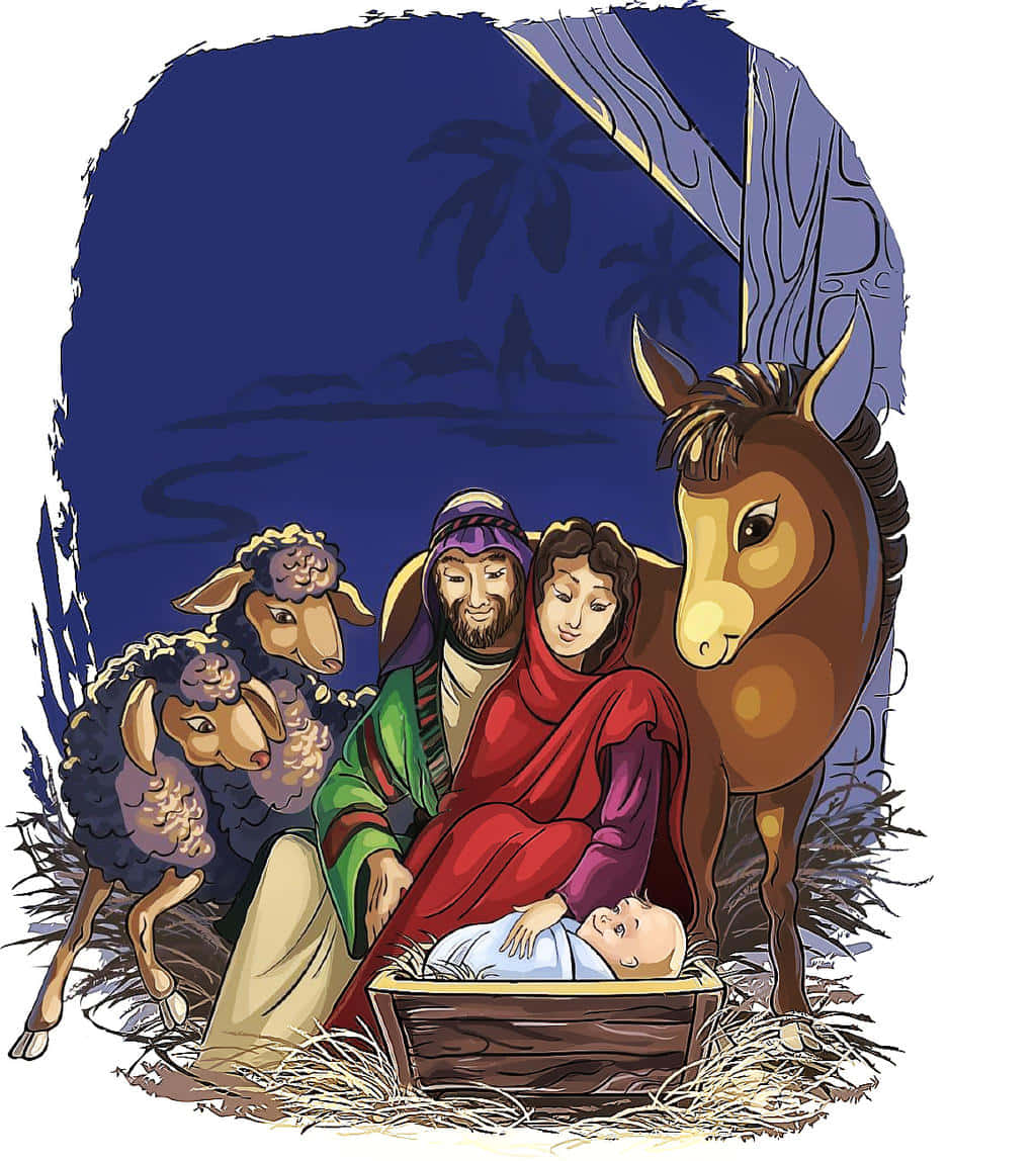 Nativity Scene 桌布 壁紙 — 一幅溫柔的插圖，描繪瑪利亞和約瑟在星光燦爛的夜空下，懷抱馬槽中的嬰兒，身旁有羊和馬。