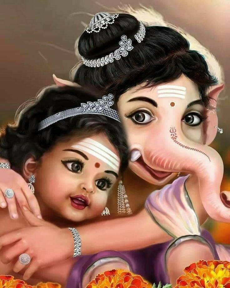 Vinayagar Murugan 桌布 壁紙 — 一幅溫柔的數位插圖，描繪象神甘尼許擁抱著一個佩戴珠寶和金盞花的孩子。
