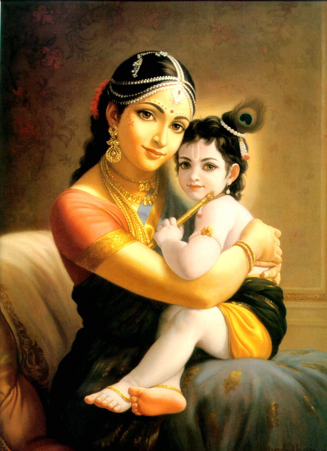 krishna iPhone 桌布 壁紙 — 一幅溫柔的油畫描繪了一位戴著華麗珠寶的女士，懷抱著一個戴著孔雀羽毛皇冠、手持長笛的孩子。