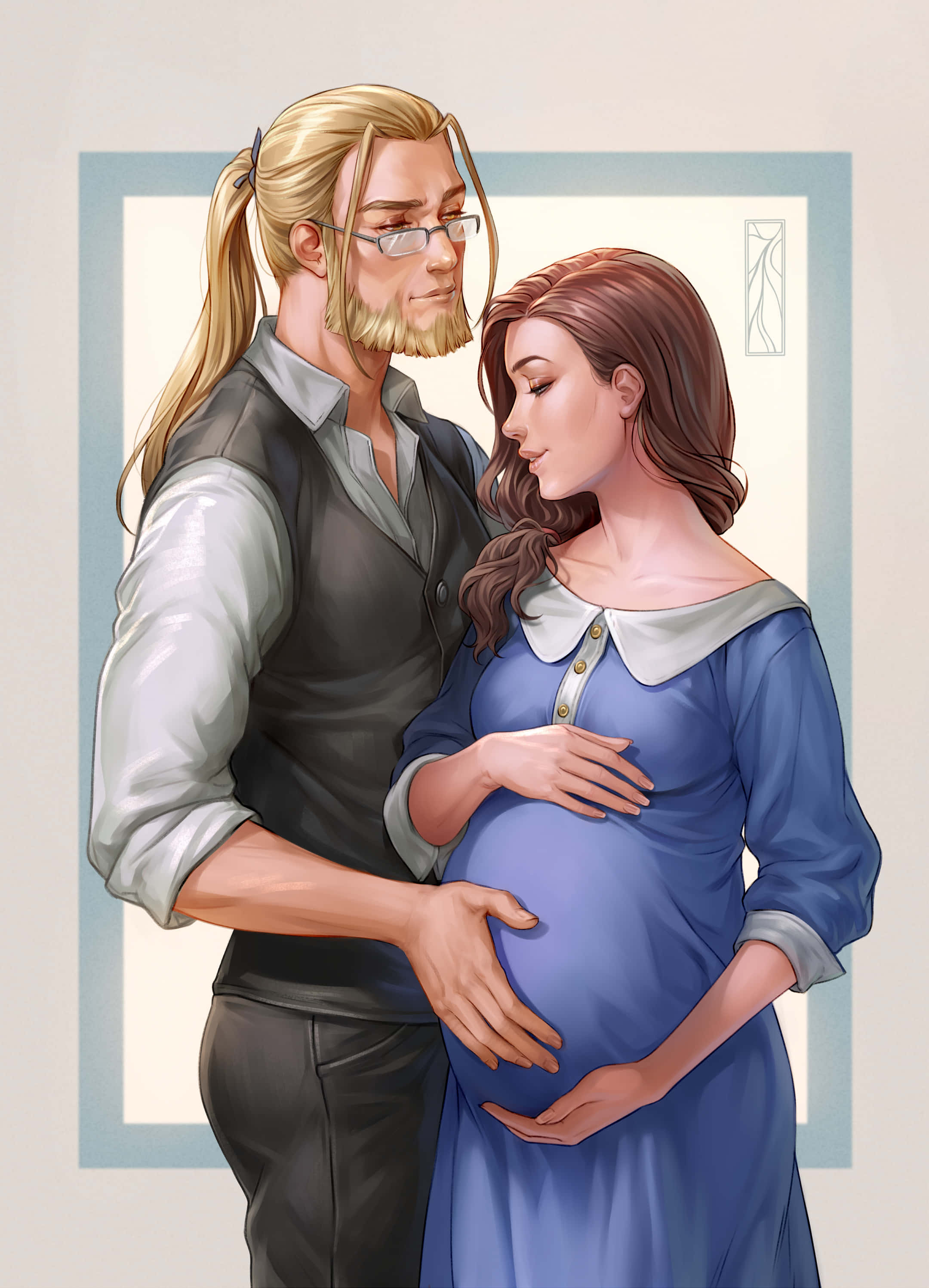 Van Hohenheim 桌布 壁紙 — 一幅溫馨的數位插圖，描繪一名男子和一名孕婦在極簡窗框前擁抱，雙手放在她的肚子上。