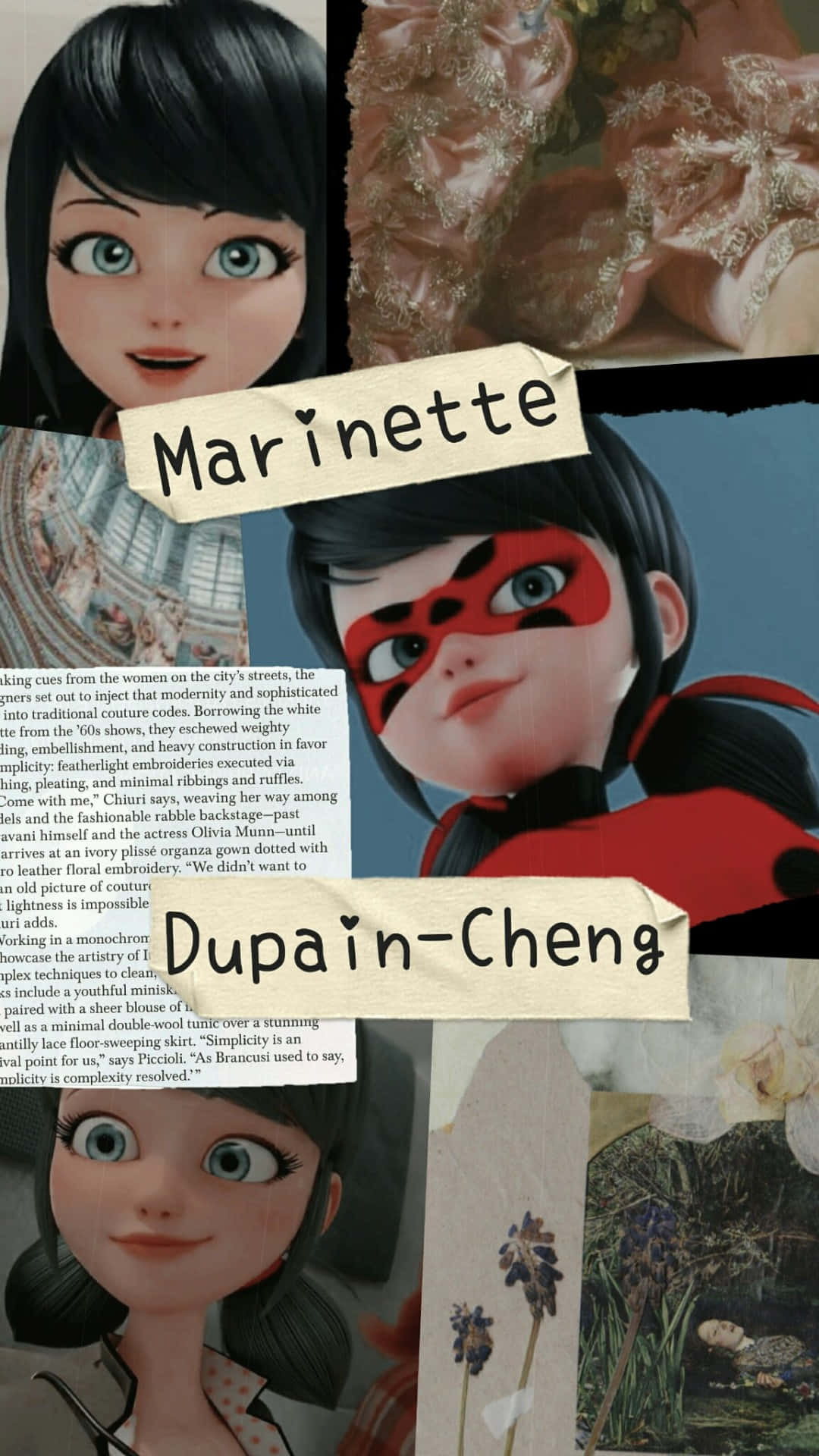 Marinette 桌布 壁紙 — 一幅漫畫角色和文字片段的拼貼畫， featuring Marinette 和 Adrien 來自 Miraculous Ladybug。
