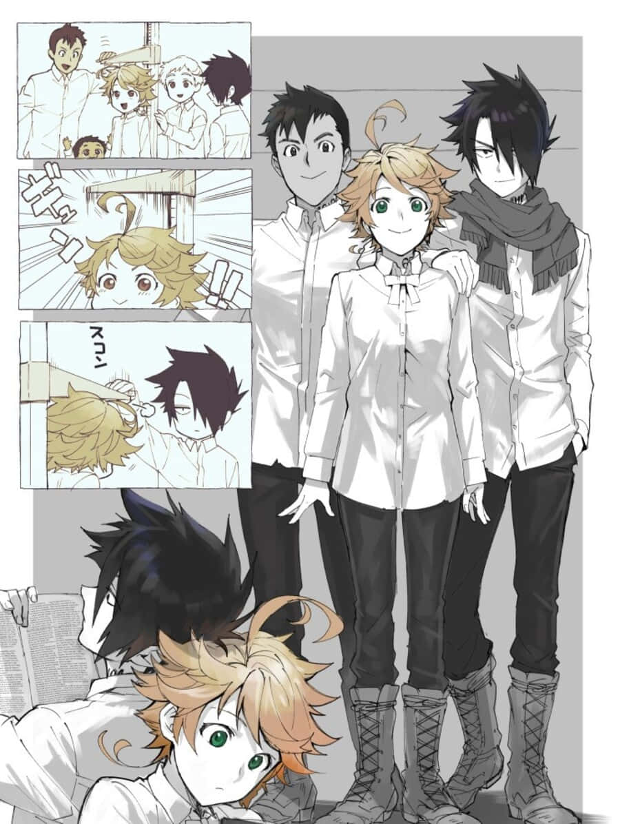 The Promised Neverland Don 桌布 壁紙 — 一幅漫畫風格插圖，以單色呈現三個動漫角色，表情豐富，並帶有動態漫畫分鏡。