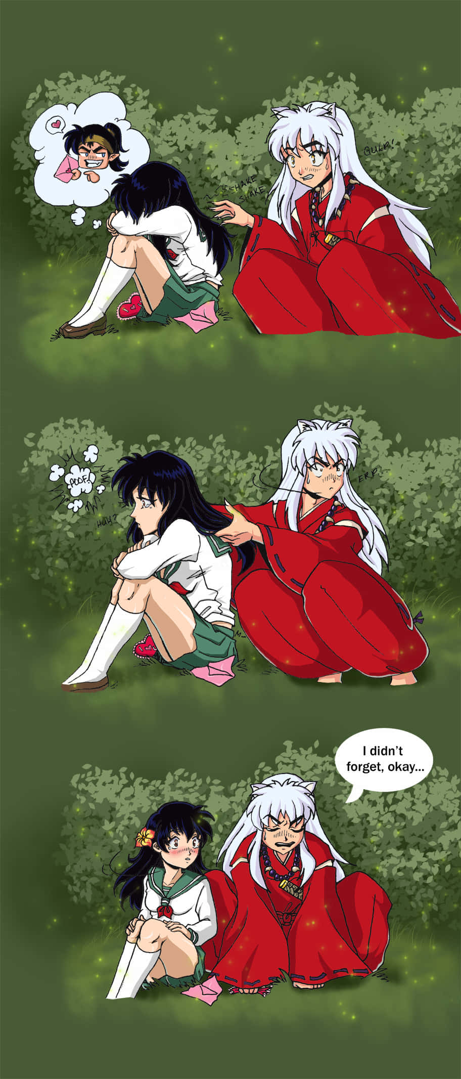 Inuyasha And Kagome 桌布 壁紙 — 一幅漫畫風格的連環畫展示了一位白髮魔王在森林中安慰一位苦惱的女孩，三個格描繪了他們的情感互動。