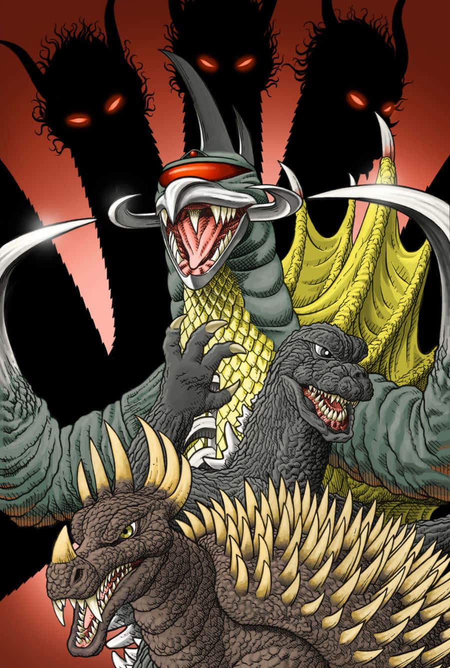Godzilla Vs Gigan 桌布 壁紙 — 一幅激烈的插畫戰鬥場景，描繪哥斯拉與三隻帶有紅色發光眼睛的威脅性黑色龍形怪物，背景是火紅色的。