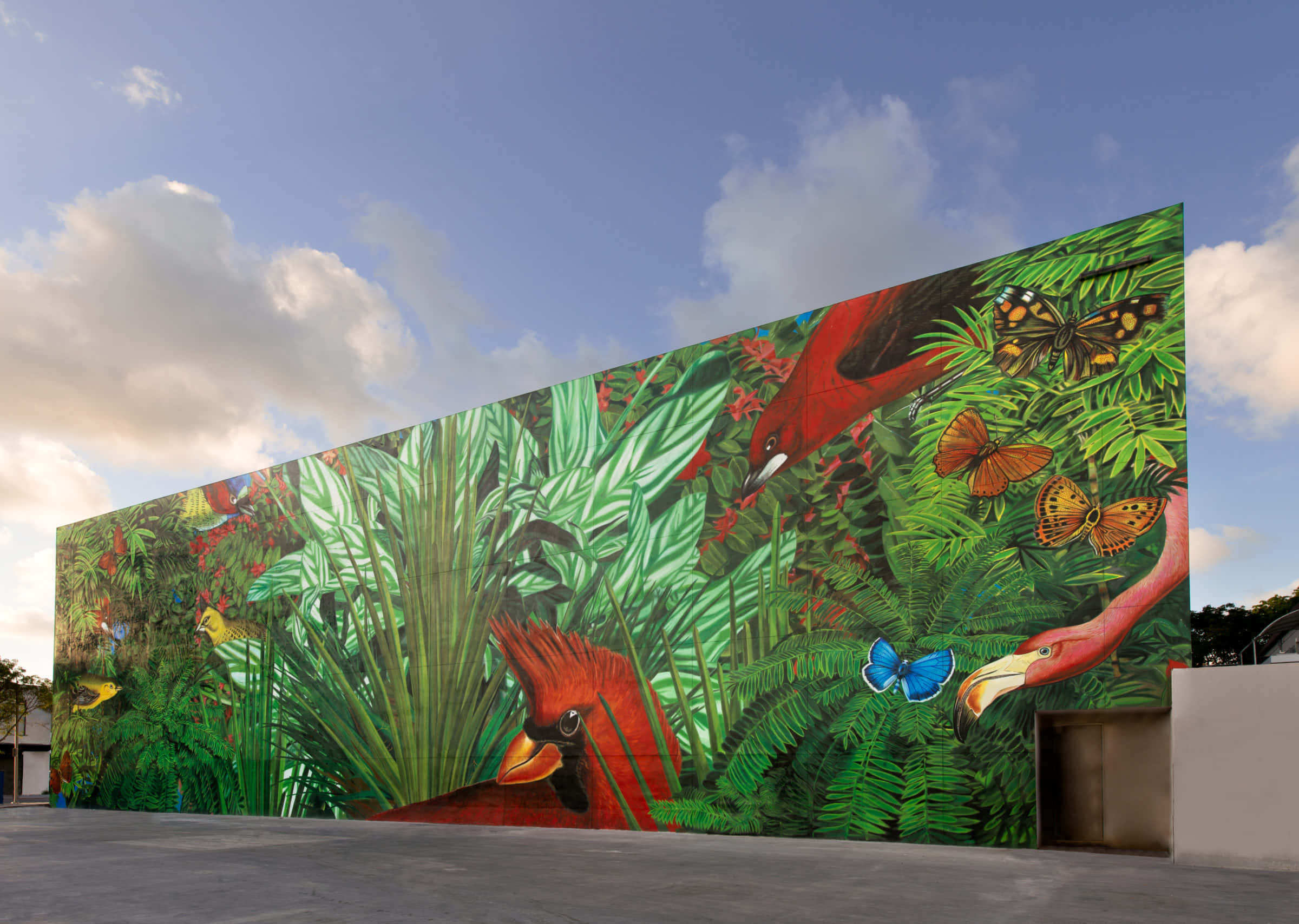 Miami 桌布 壁紙 — 一幅現代建築牆上的生動叢林壁畫，展示了紅鳥、蝴蝶和茂密的綠色樹葉，背景是藍天白雲。
