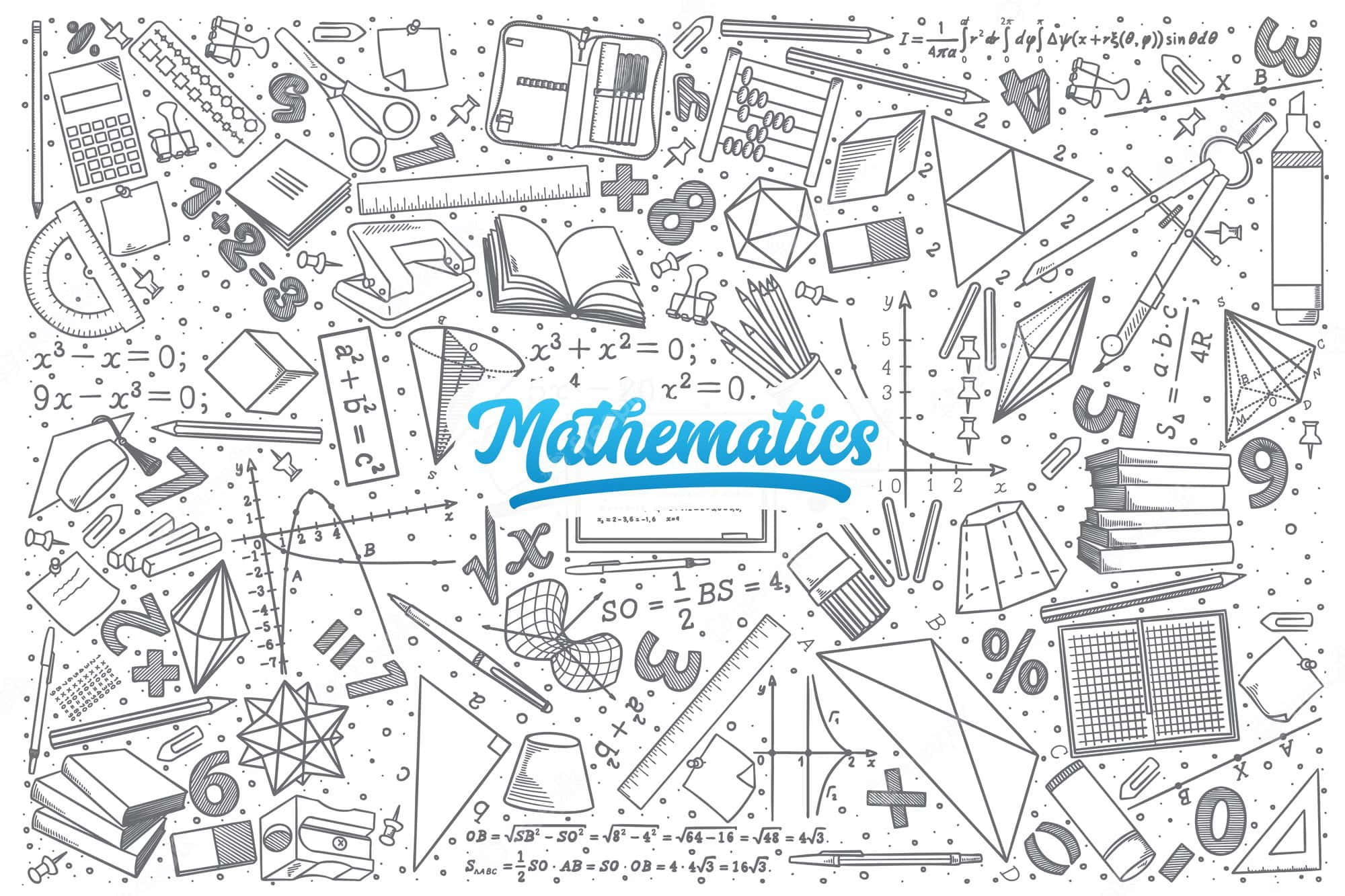 mathematics 桌布 壁紙 — 一幅生動的塗鴉風格插圖，充滿數學符號、幾何工具和方程式，環繞著粗體藍色的「Mathematics」標題。