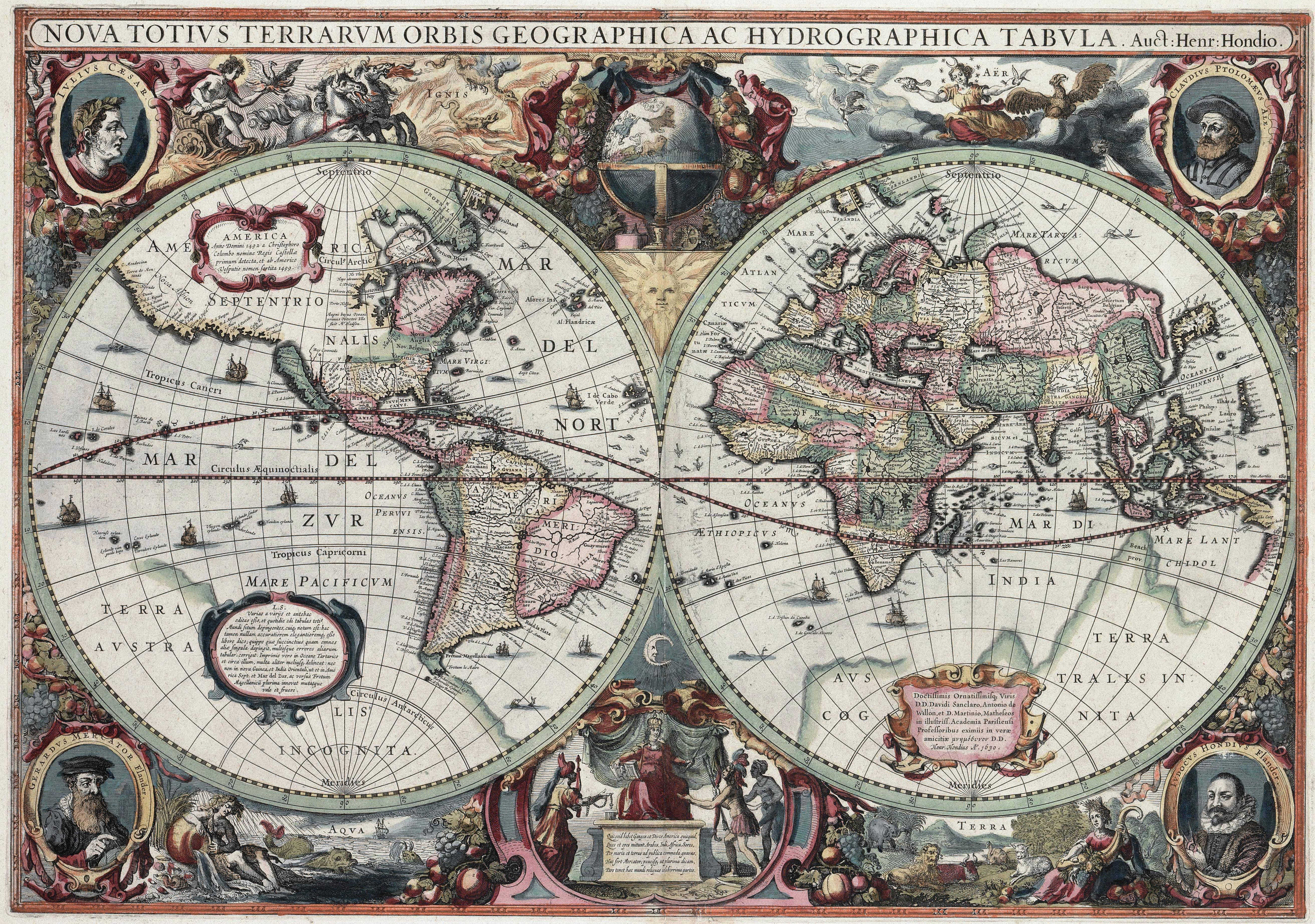 Map 桌布 壁紙 — 一幅由Henricus Hondius於1595年繪製的華麗復古世界地圖，包含兩個半球，周圍環繞著神話人物和裝飾性圖框。