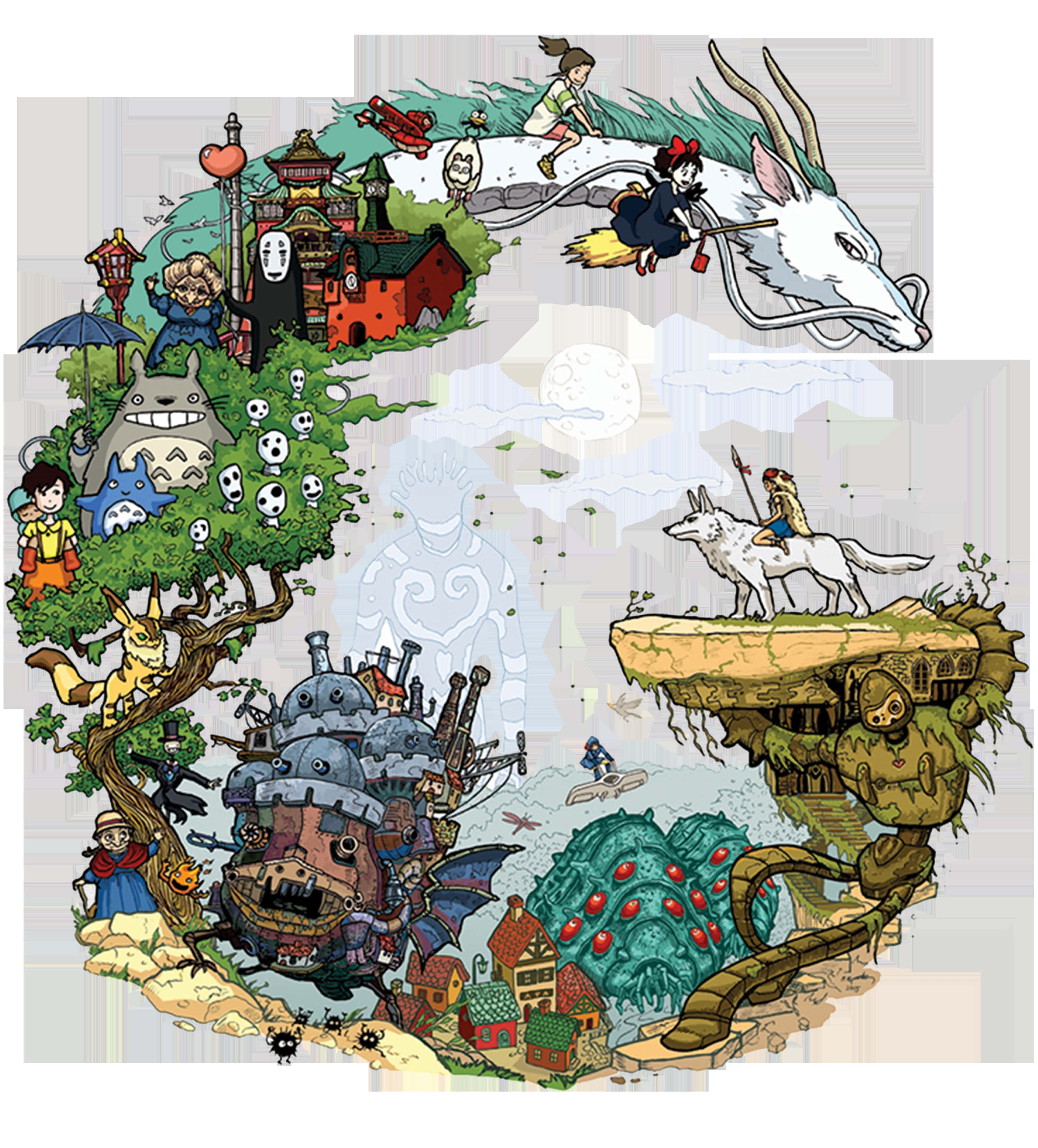 Studio Ghibli Art 桌布 壁紙 — 一幅由吉卜力工作室角色和場景組成的奇幻拼貼畫，包括龍貓、無臉男、龍、女巫和浮島。