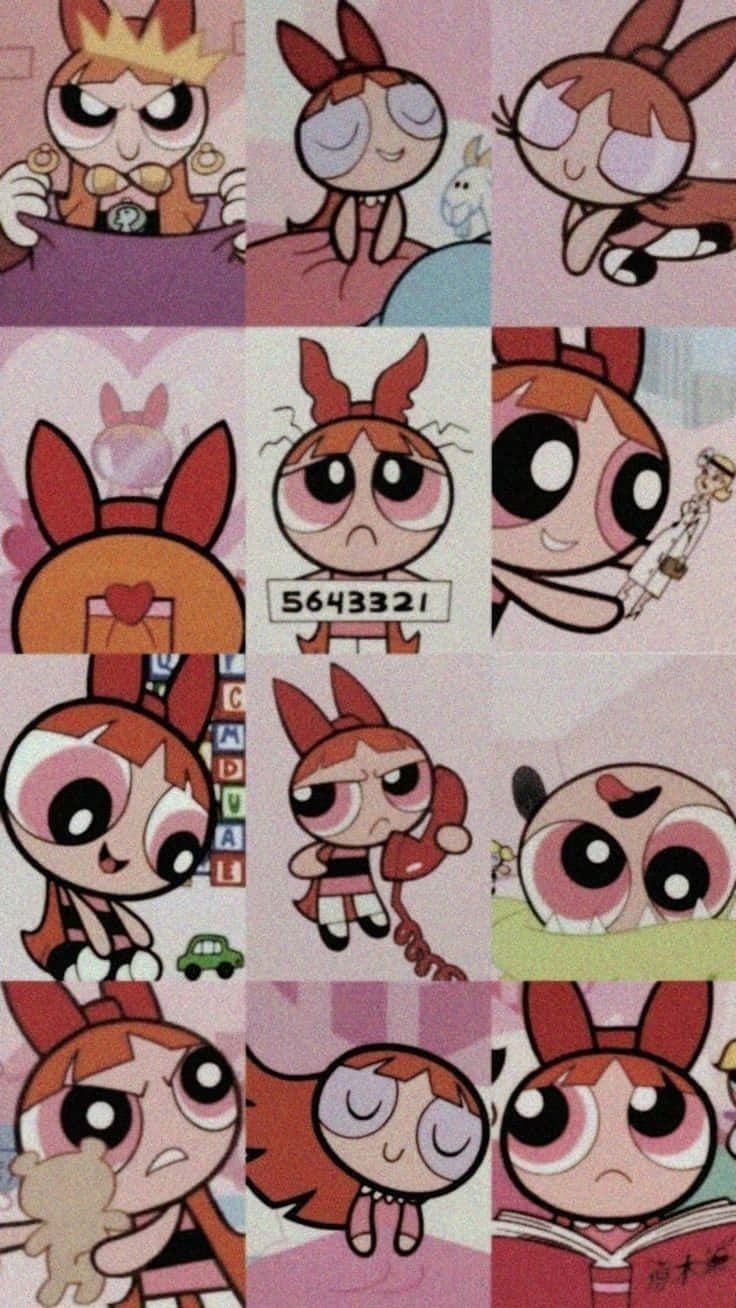 Soft Girl Aesthetic 桌布 壁紙 — 一幅由大眼睛和紅髮卡通角色以各種姿勢和表情組成的拼貼畫。