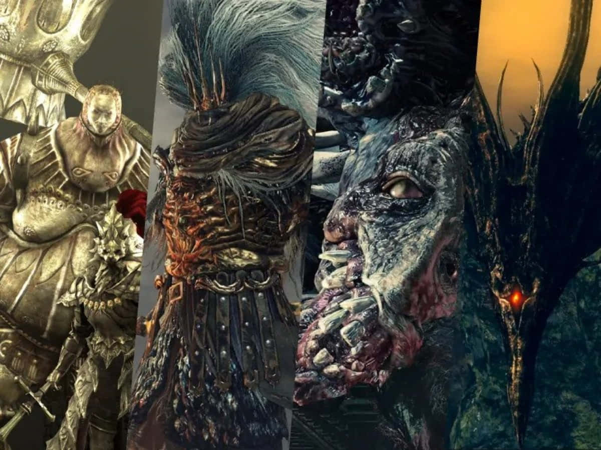 Dark Souls Bosses 桌布 壁紙 — 一幅由怪誕奇幻生物和裝甲戰士組成的拼貼畫，呈現黑暗、細緻的3D渲染場景。