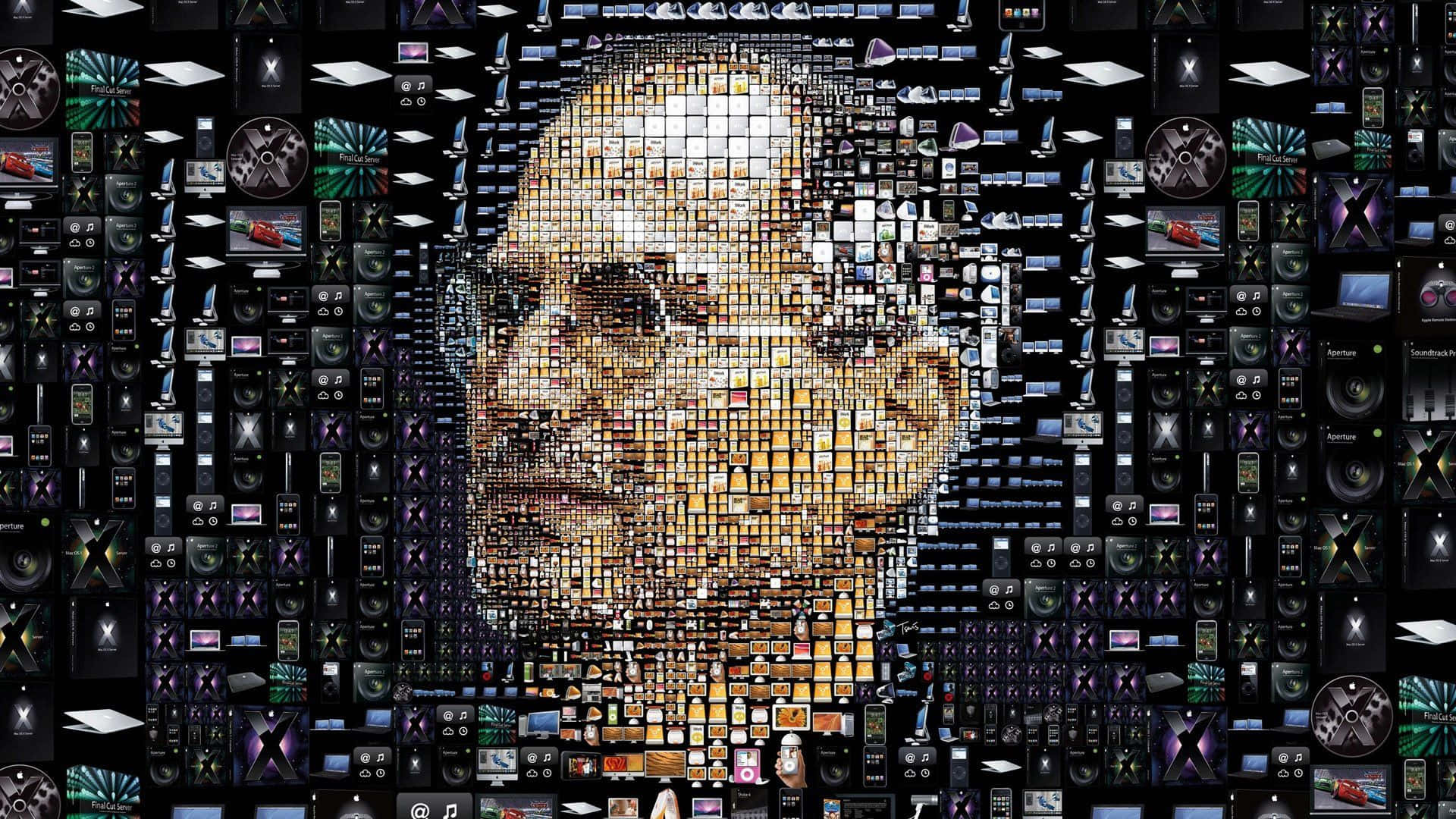 Electronics 桌布 壁紙 — 一幅由數千張Apple產品圖片在深色背景上組成的史蒂夫·喬布斯馬賽克肖像。