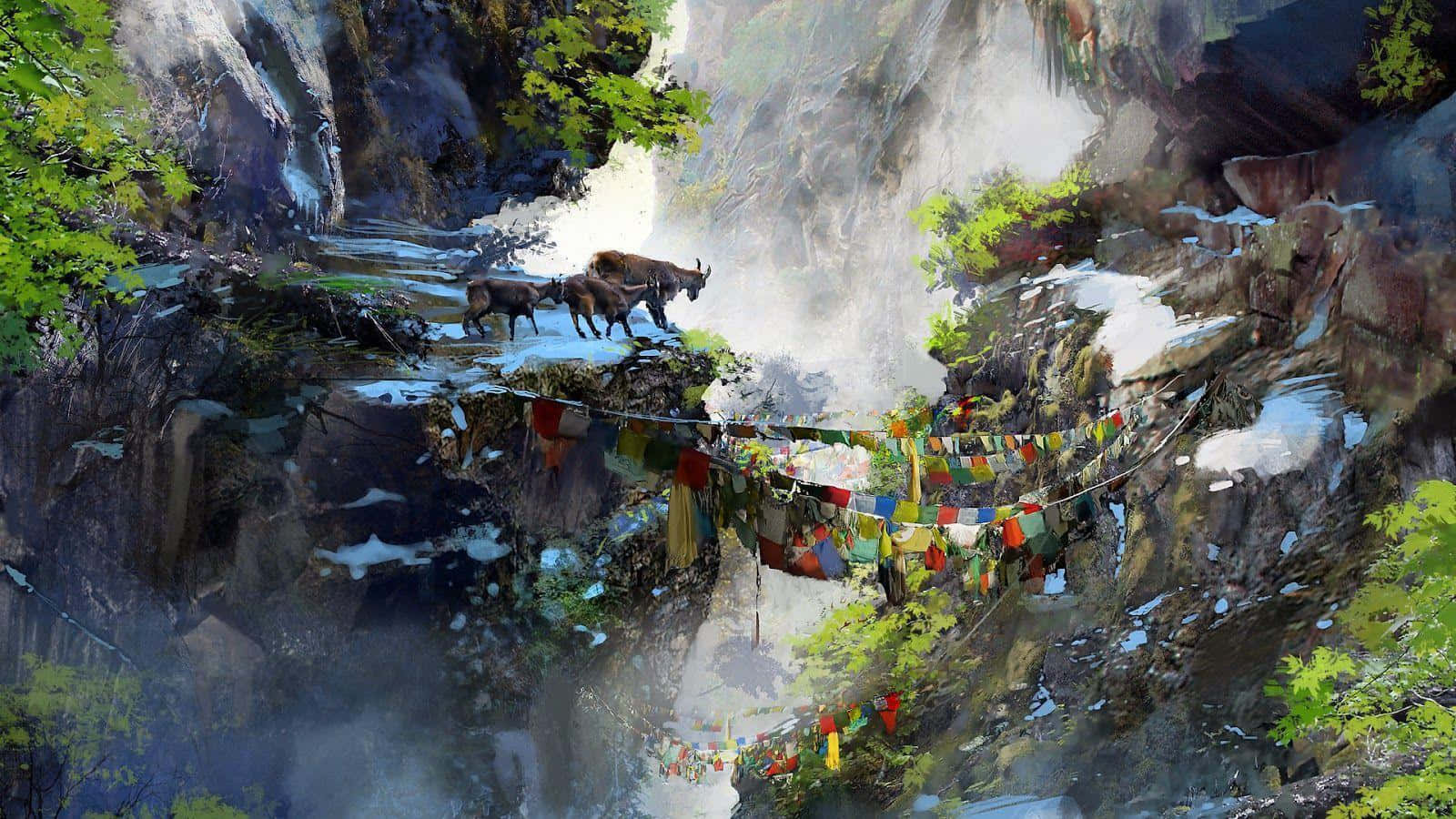 一幅畫有瀑布和眾多旗幟的風景 壁紙