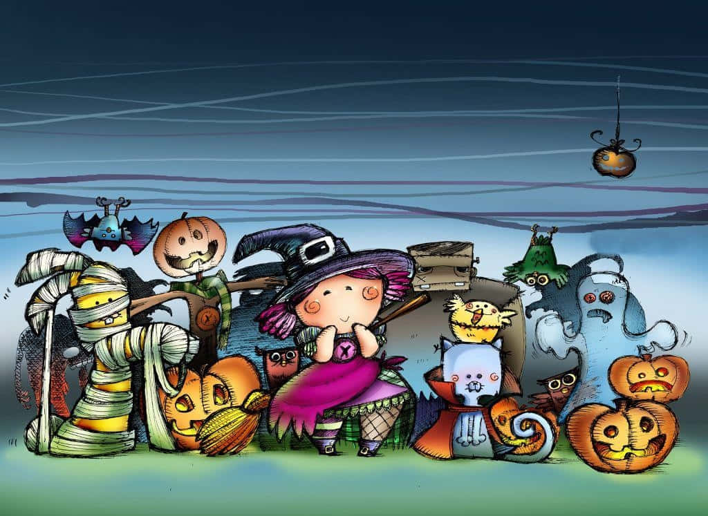 Trick-or-treaters 桌布 壁紙 — 一幅異想天開的卡通插圖，描繪女巫和各種萬聖節生物，如南瓜、木乃伊和鬼魂，聚集在陰森的夜空下。