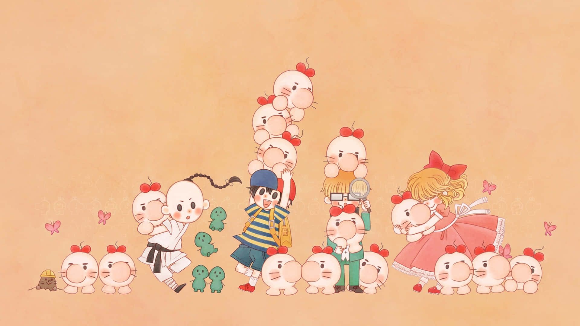 Earthbound 桌布 壁紙 — 一幅異想天開的插圖，描繪孩子們和戴著紅色蝴蝶結的可愛白色生物在溫暖的桃色背景下一同玩耍。