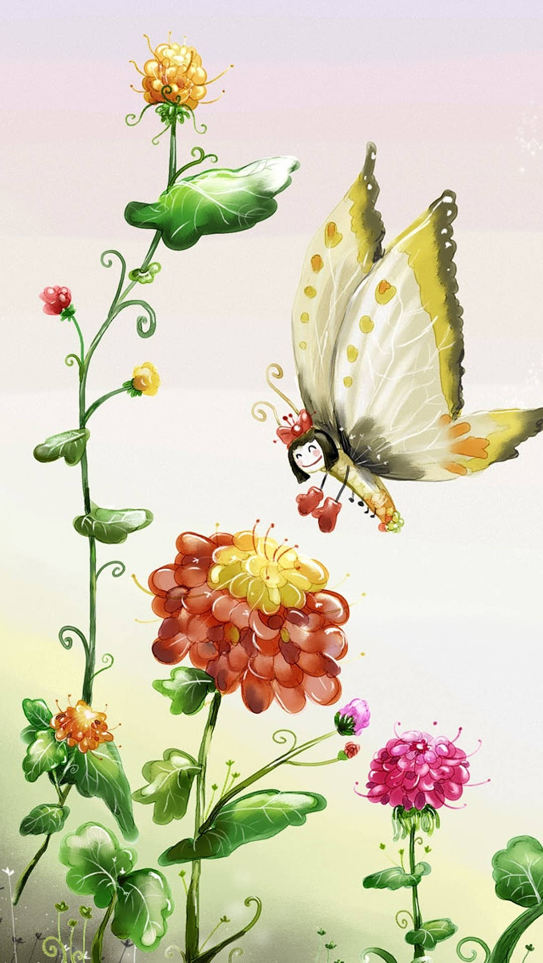 蝴蝶 桌布 壁紙 — 一幅異想天開的水彩插圖，描繪一隻帶有黃色斑點翅膀的小仙子棲息在鮮豔的紅色、橙色和粉紅色花朵之間。